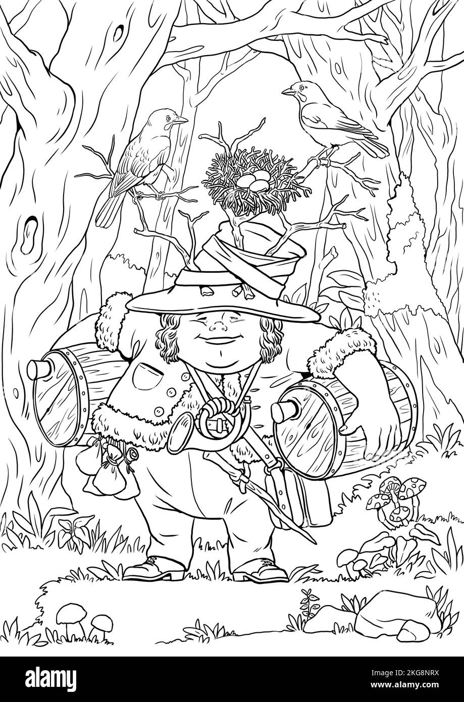 Dessin de gnome de forêt drôle. Page de coloriage avec le nain magicien. Modèle de coloration avec l'assistant. Banque D'Images