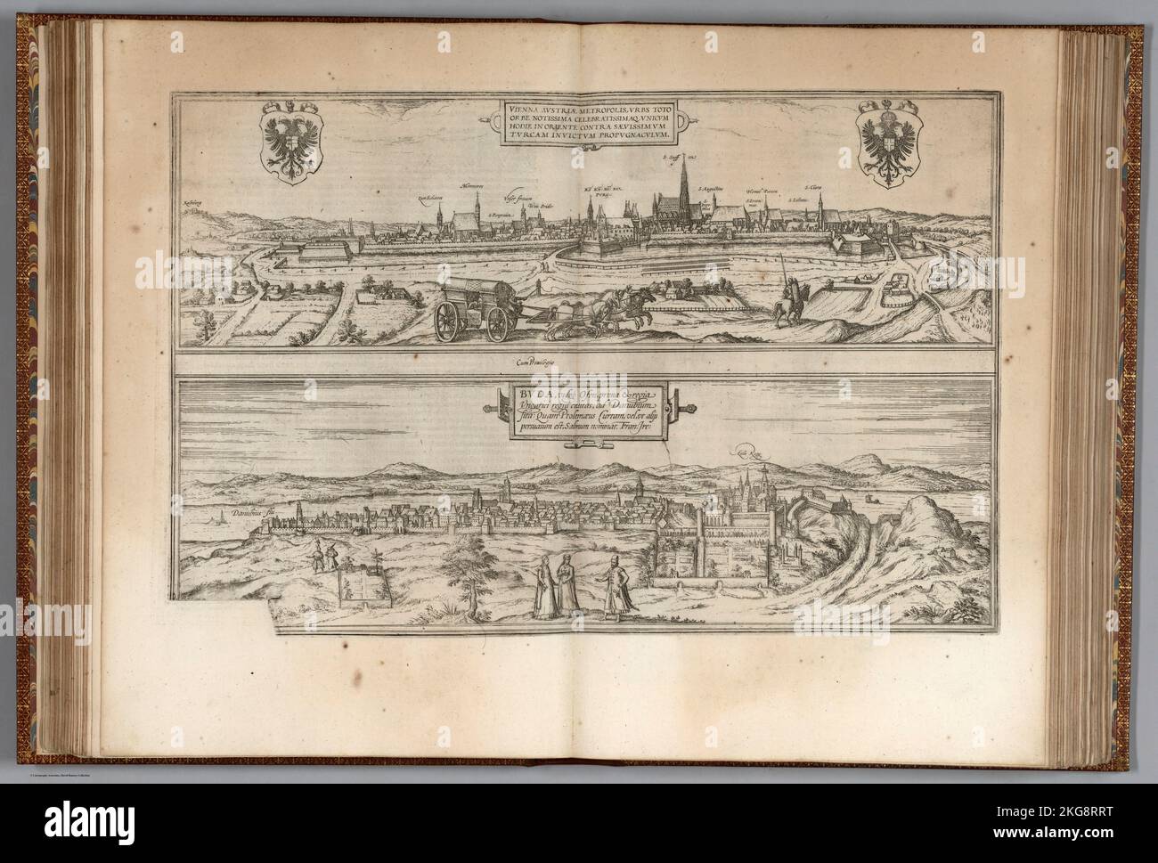 Paysage urbain gravé de Vienne (en haut) et Buda (Budapest) (en bas) des Civités Orbis Terrarum publié en 1600 par Braun, Georg, 1541-1622; Hogenberg, Franz, 1539-1590 ; Banque D'Images