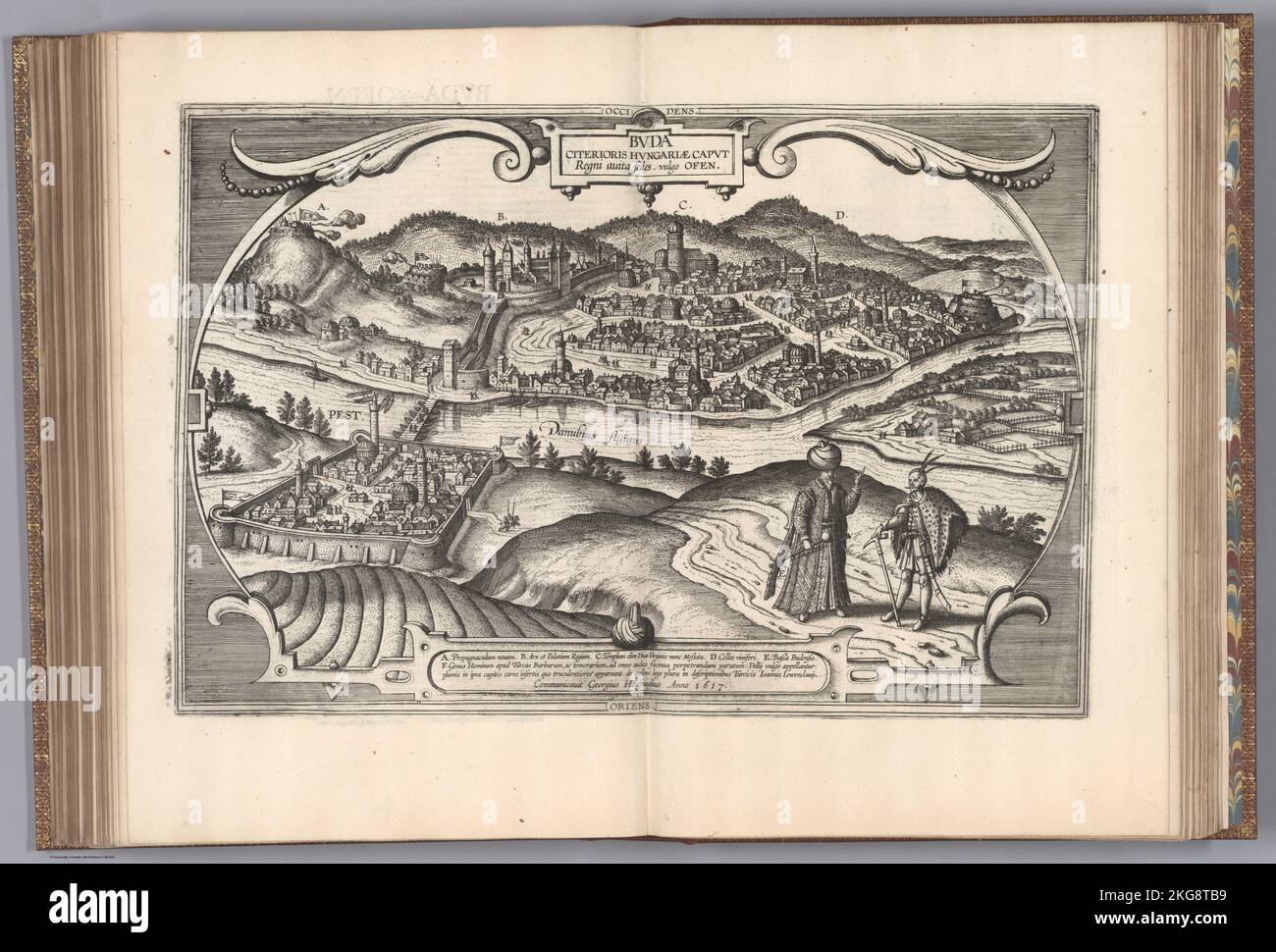 Paysage urbain gravé de Buda (Budapest) des Civités Orbis Terrarum publié en 1600 par Braun, Georg, 1541-1622; Hogenberg, Franz, 1539-1590 ; Banque D'Images