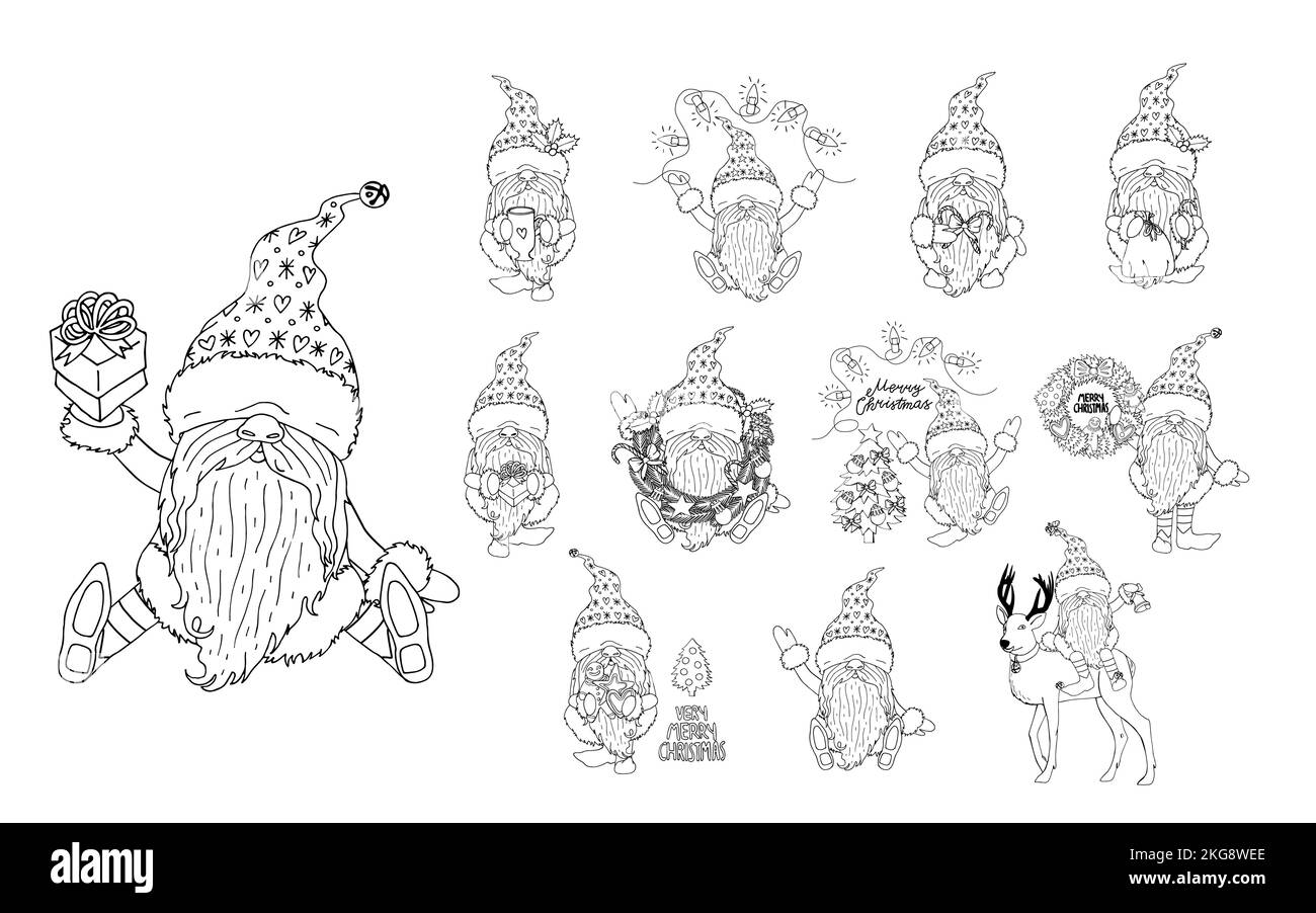 Ensemble de gnomes de Noël monochromes isolés sur blanc Illustration de Vecteur