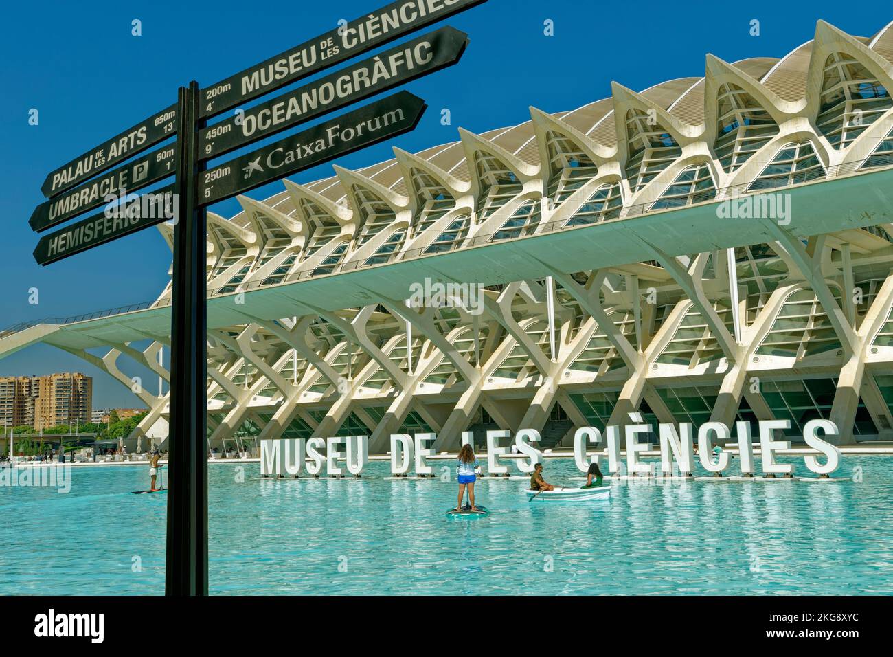 Le Musée des Sciences de la Cité des Arts et des Sciences avec étang de navigation à Valence, province de Valence, Espagne. Banque D'Images