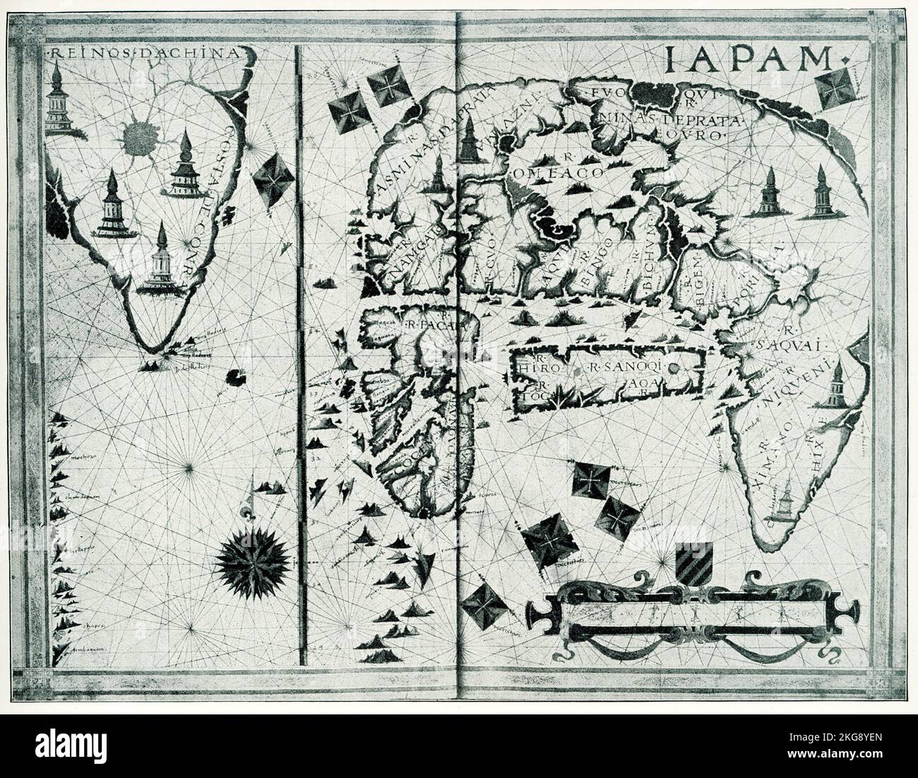 Cette image montre : la plus ancienne carte manuscrite occidentale du Japon. Feuille 8 de l'Atlas par le Cosmographe portugais Fernao Vaz Dourado de 1568 et dans la collection de la duchesse d'Alba (Palais de Liria à Madrid). Photographié par l'auteur et jusqu'à présent non publié. Original 395 mm par 265 mm. Banque D'Images