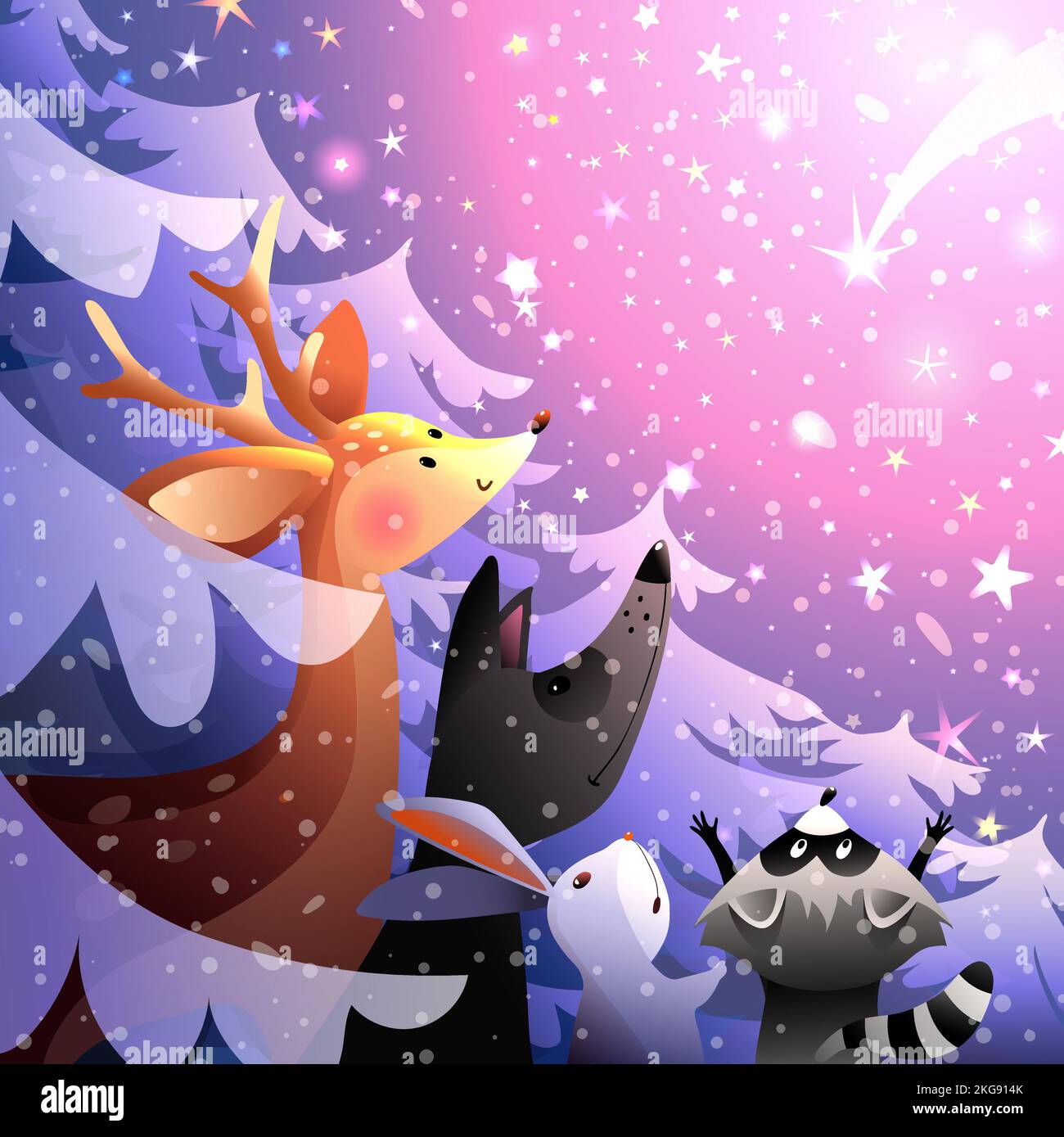 Animaux de nuit d'hiver dans les bois et étoile de tir Illustration de Vecteur