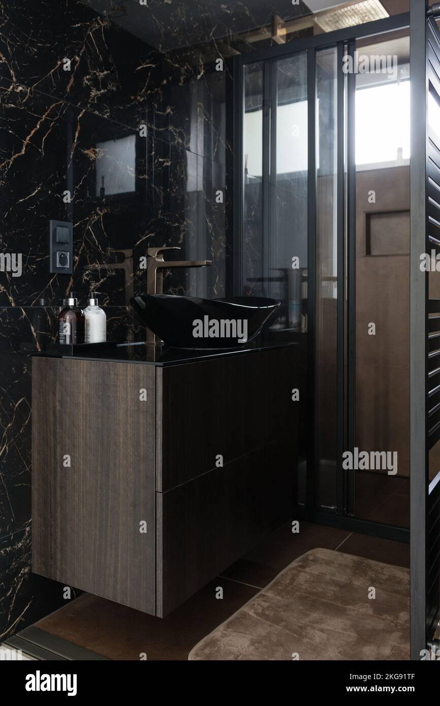 Salle de bains sombre avec douche dans un appartement moderne Banque D'Images