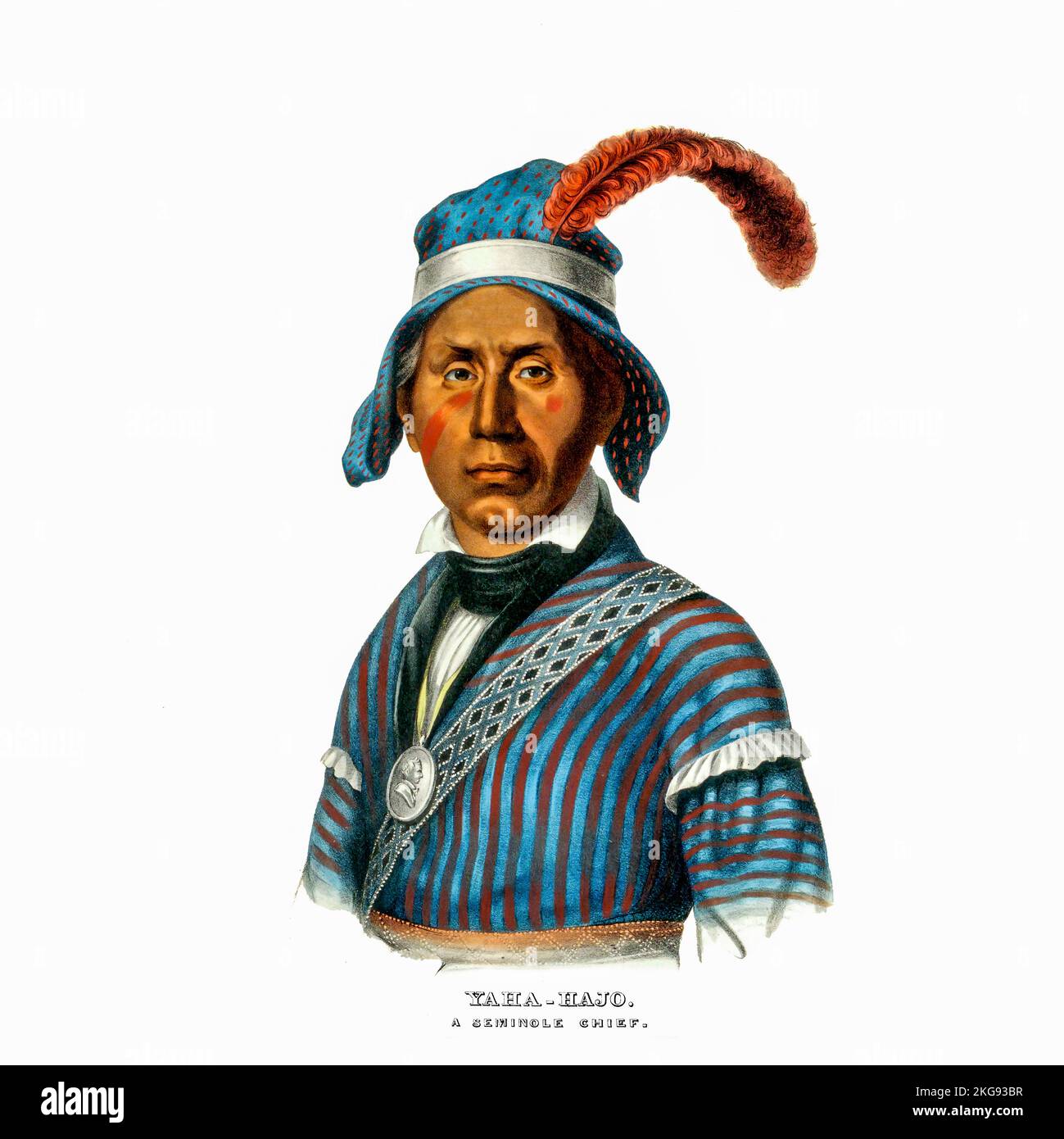 YAHA Hajo, Un chef de guerre de Seminole lithographie colorée à la main d'un portrait d'un livre ' Histoire des tribus indiennes de l'Amérique du Nord avec des croquis biographiques et des anecdotes des principaux chefs.' Volume 2 de 3 par Thomas Loraine, McKenney et James Hall Esq.Publié en 1842 peint par Charles Bird King Banque D'Images