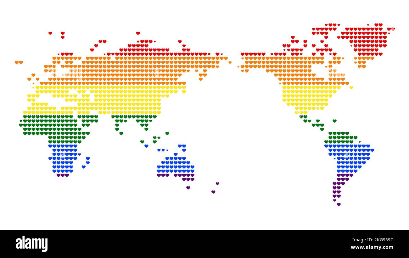 Carte du monde centrée sur l'Asie en coeurs de couleur arc-en-ciel sur fond blanc. Concept de drapeau de la fierté gay et du mouvement LGBT. résolution de 4k. Banque D'Images