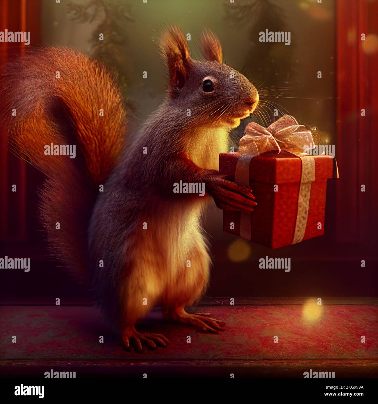 Écureuil avec un cadeau d'anniversaire. Cadeau de Noël. Cadeau  d'anniversaire. Écureuil tenant un cadeau de noël Photo Stock - Alamy