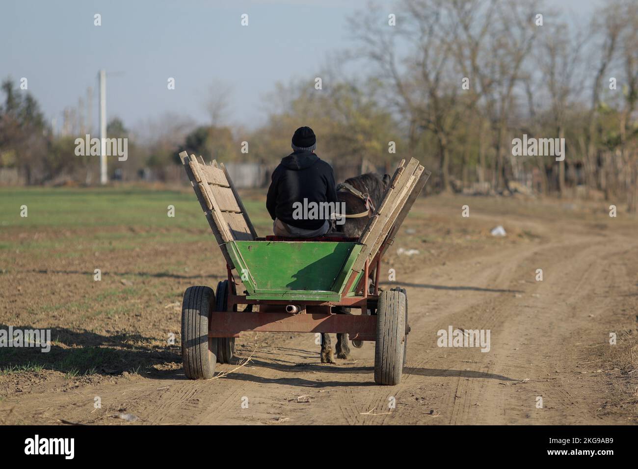 Ialomita, Roumanie - 19 novembre 2022 : un fermier roumain conduit son cheval et sa charrette à travers un champ pendant une journée d'automne ensoleillée. Banque D'Images