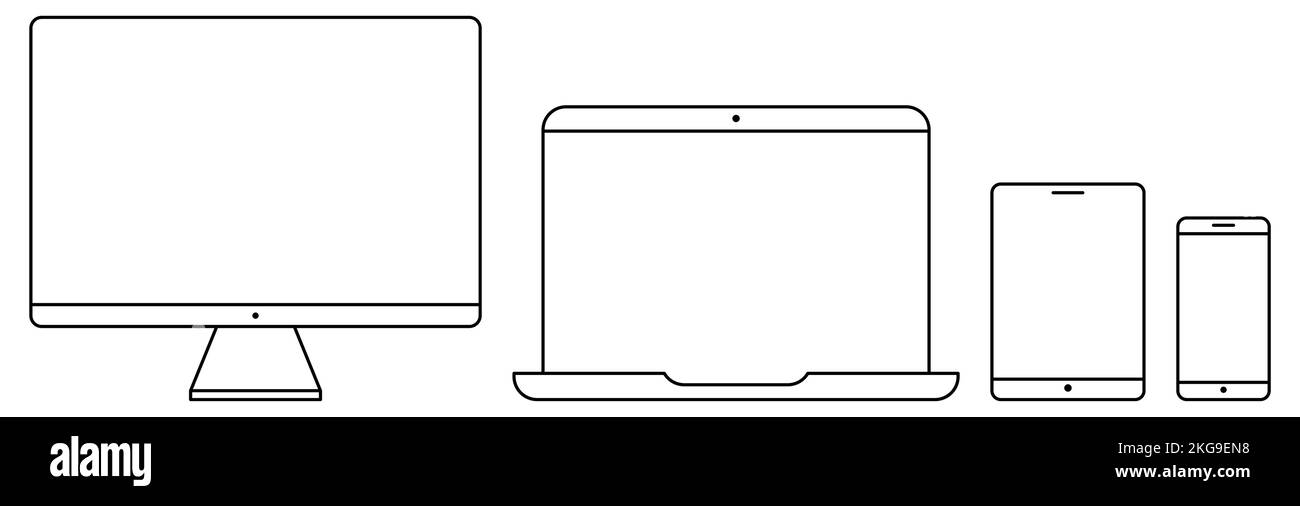 Ensemble d'icônes de périphériques personnels. Illustration de style ligne d'un ordinateur portable, d'un pc, d'une tablette et d'un téléphone. Illustration vectorielle Illustration de Vecteur