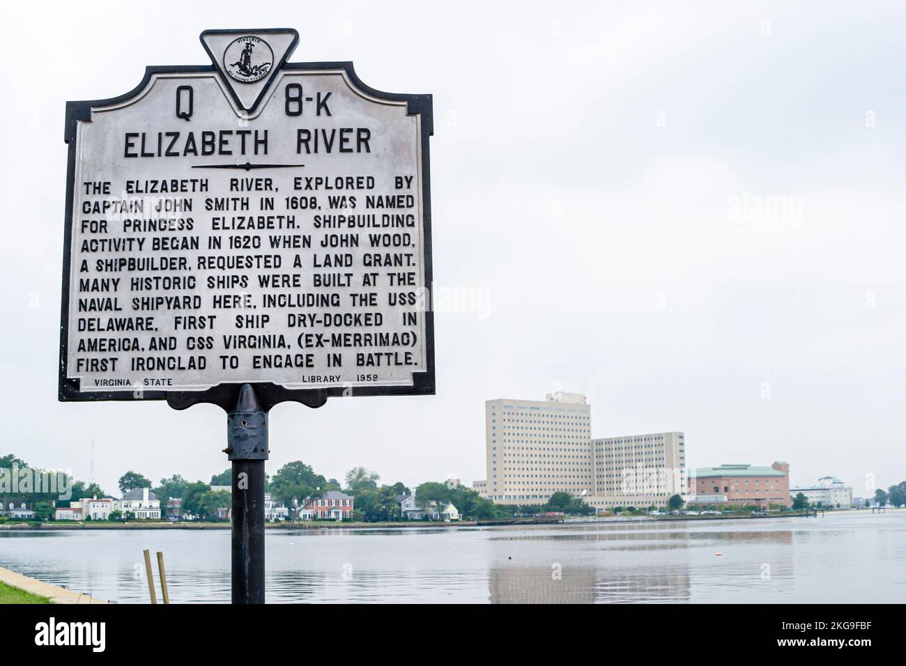Virginia Portsmouth Elizabeth River eau, panneau historique informations, Banque D'Images