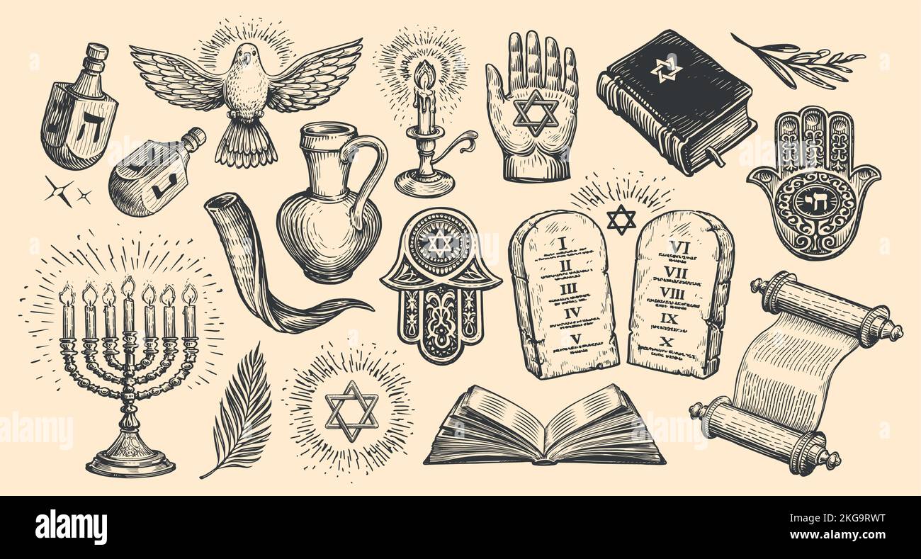 Collection de panneaux d'objet de vacances juifs. Symboles Menorah, Torah Scroll, Dreidel, David Star, Hamsa. Illustration vectorielle Illustration de Vecteur