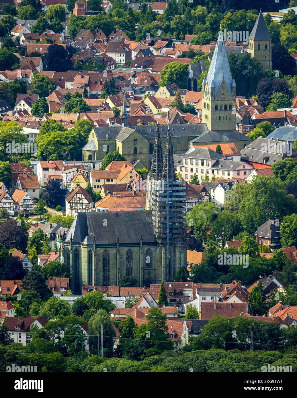Vue aérienne, vieille ville avec (de gauche) evang. église Sankt Maria zur Wiese (Wiesenkirche), St. Cathédrale Patrokli et église Sankt Pauli, Walburger, S. Banque D'Images