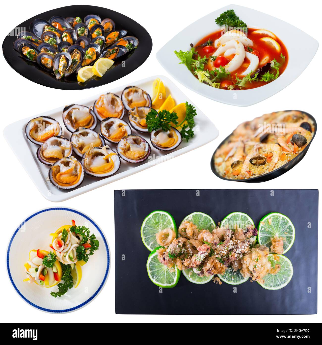Ensemble de plats de fruits de mer variés Banque D'Images