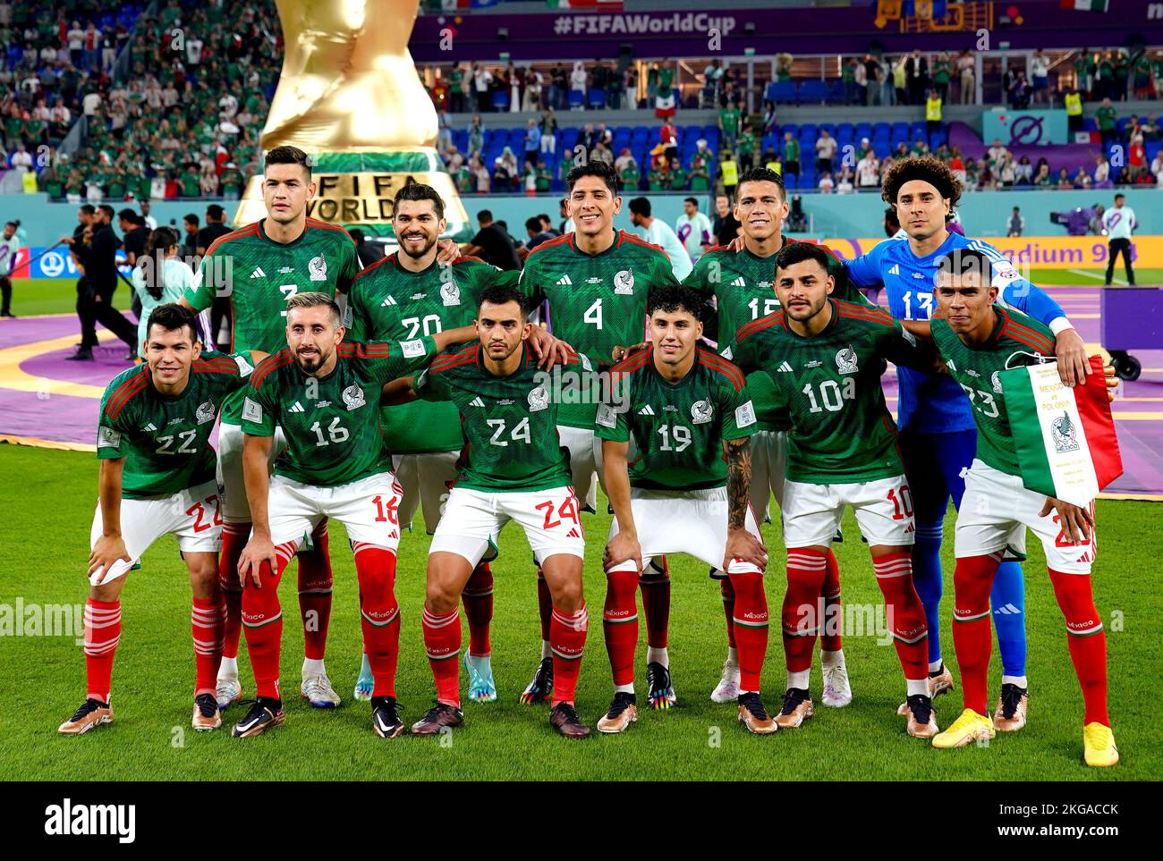 Cesar Montes au Mexique, Henry Martin, Edson Alvarez, Hector Moreno, Guillermo Ochoa, Hirving Lozano, Hector Herrera, Luis Chavez, Jorge Sanchez, Alexis Vega et Jesus Gallardo avant le match du groupe C de la coupe du monde de la FIFA au stade 974, Rass Abou Aboud. Date de la photo: Mardi 22 novembre 2022. Banque D'Images