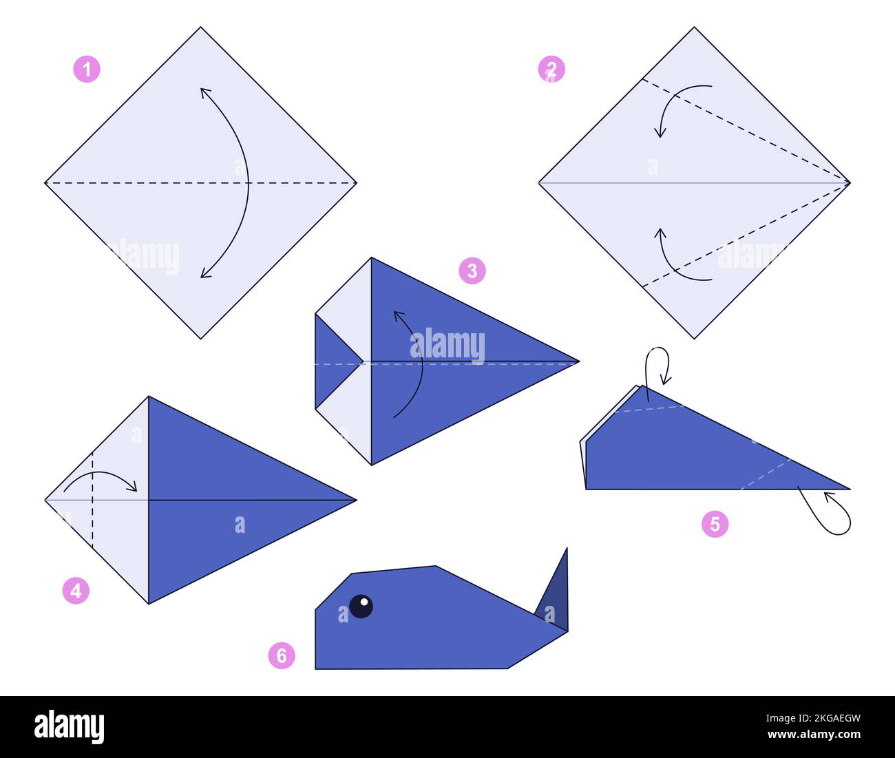 Tutoriel Origami pour les enfants. Origami mignon baleine. Illustration de Vecteur