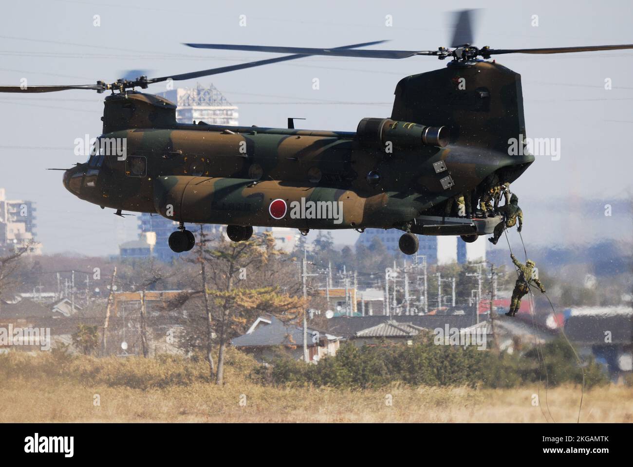 Préfecture de Chiba, Japon - 10 janvier 2010 : parachutistes de la Force d'autodéfense du Japon à vitesse élevée à partir d'un hélicoptère lourd CH-47J Chinook. Banque D'Images