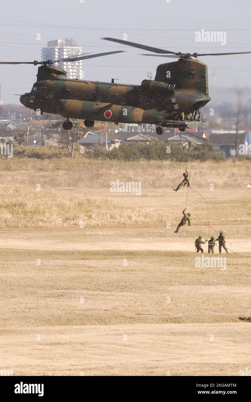 Préfecture de Chiba, Japon - 10 janvier 2010 : parachutistes de la Force d'autodéfense du Japon à vitesse élevée à partir d'un hélicoptère lourd CH-47J Chinook. Banque D'Images