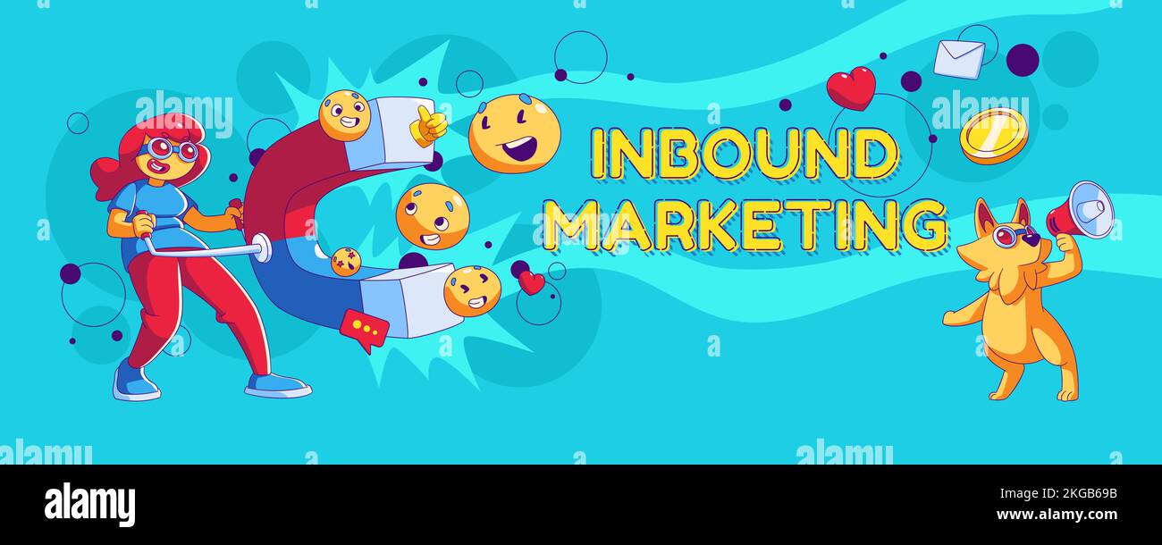 Bannière marketing entrante. Concept de stratégie commerciale pour attirer et fidéliser les clients. Femme avec grand aimant et chien avec mégaphone, illustration vectorielle dans un style contemporain Illustration de Vecteur
