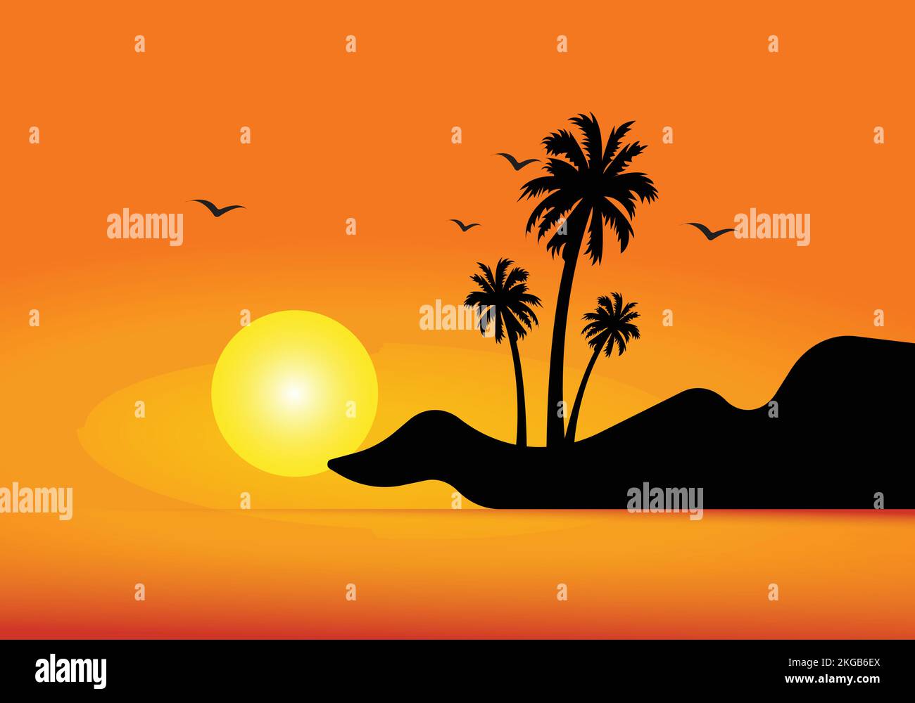 palmier, soleil, oiseaux et paysage de montagne victor Illustration de Vecteur