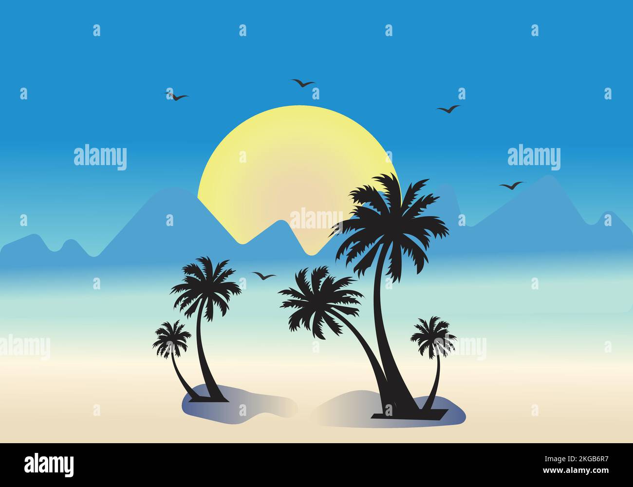 palmiers, soleil, plage et paysage de montagne Illustration de Vecteur