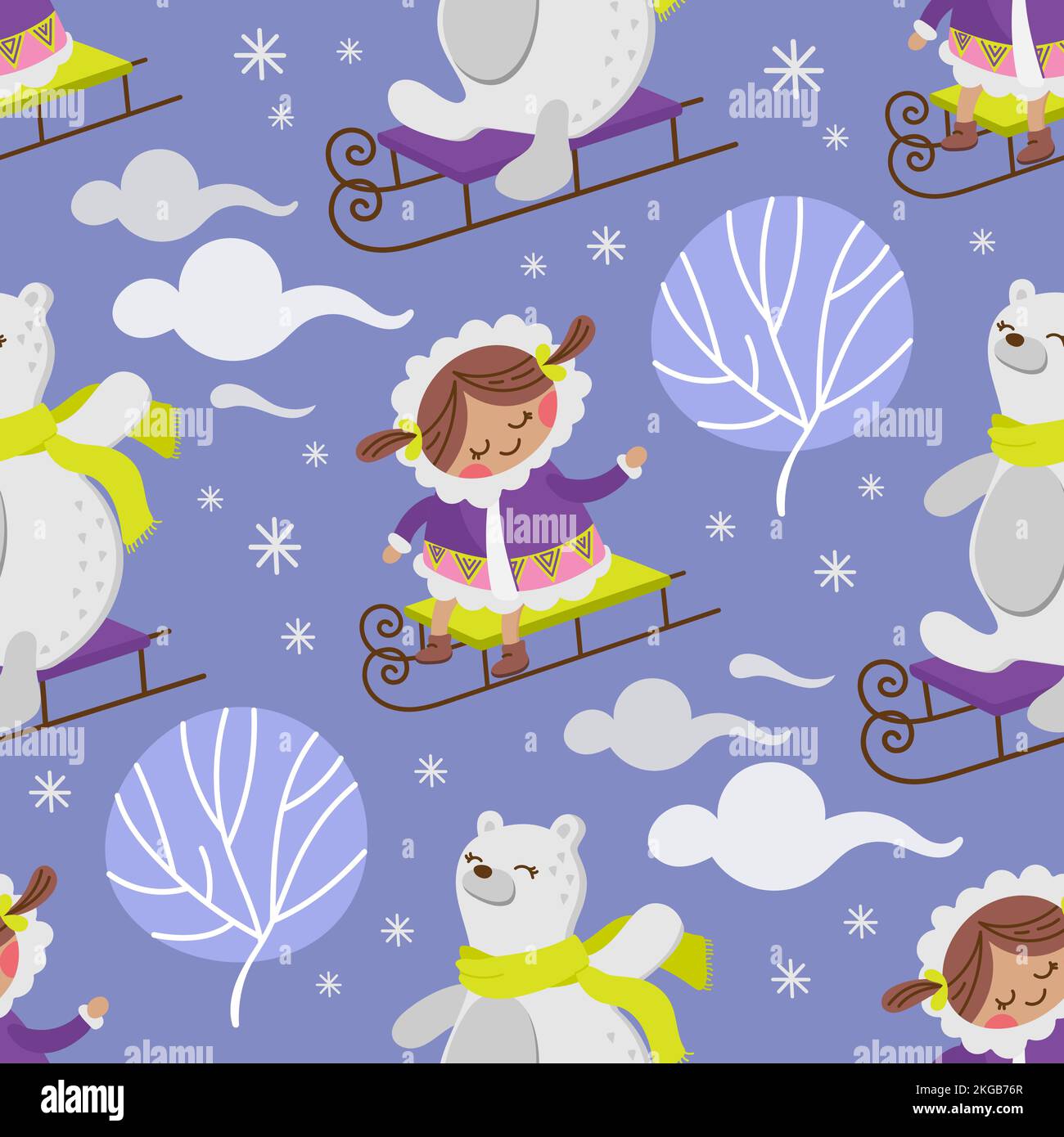 ESKIMO GIRL BEAR Winter Child Comic Funny Flat Design dessin main dessin fluide motif Vector Illustration pour l'impression Illustration de Vecteur