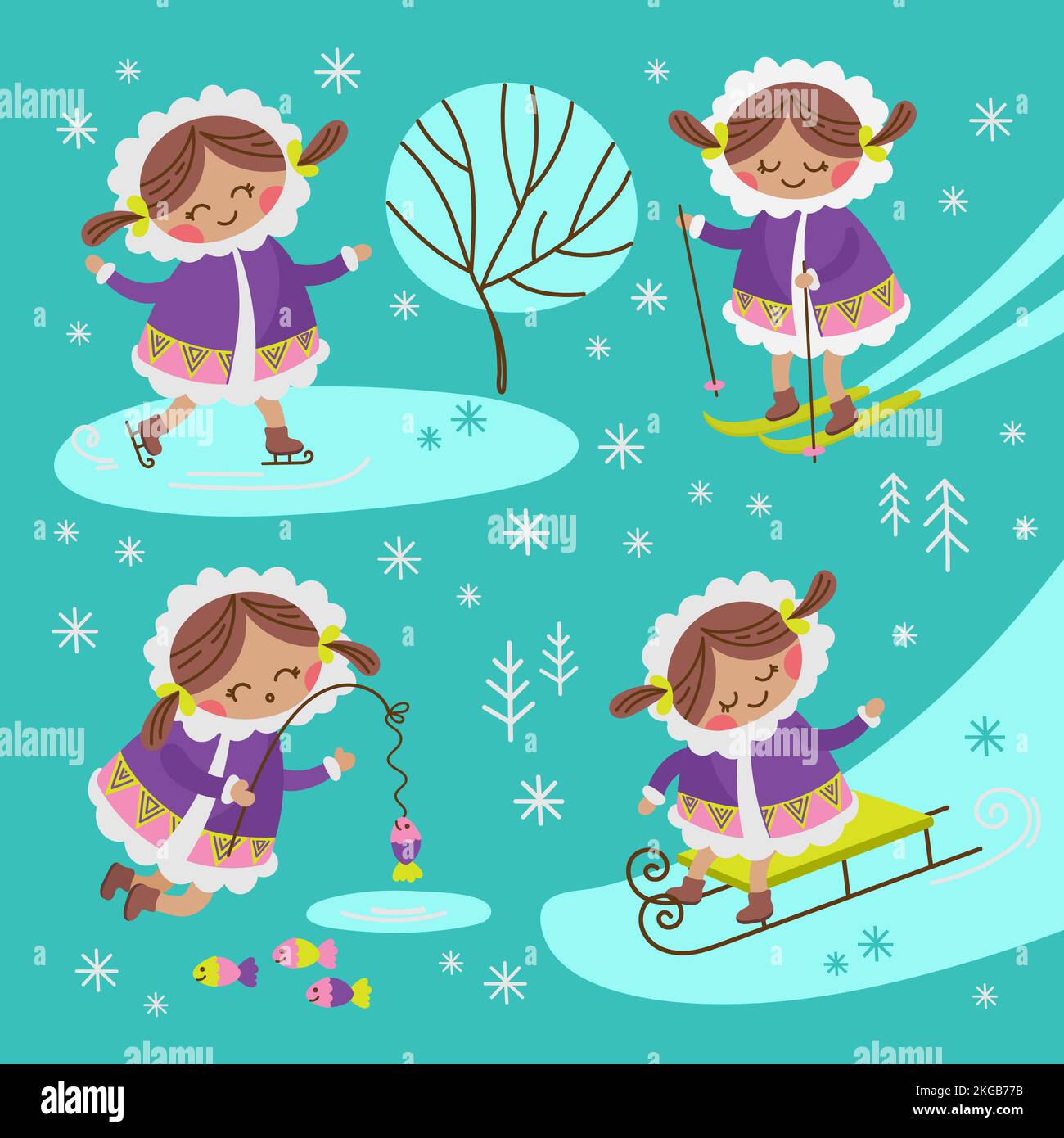 ESKIMO GIRL Alaska Winter Child personnages Comic Funny Flat Design dessin main dessin vectoriel Illustration Set pour l'impression Illustration de Vecteur