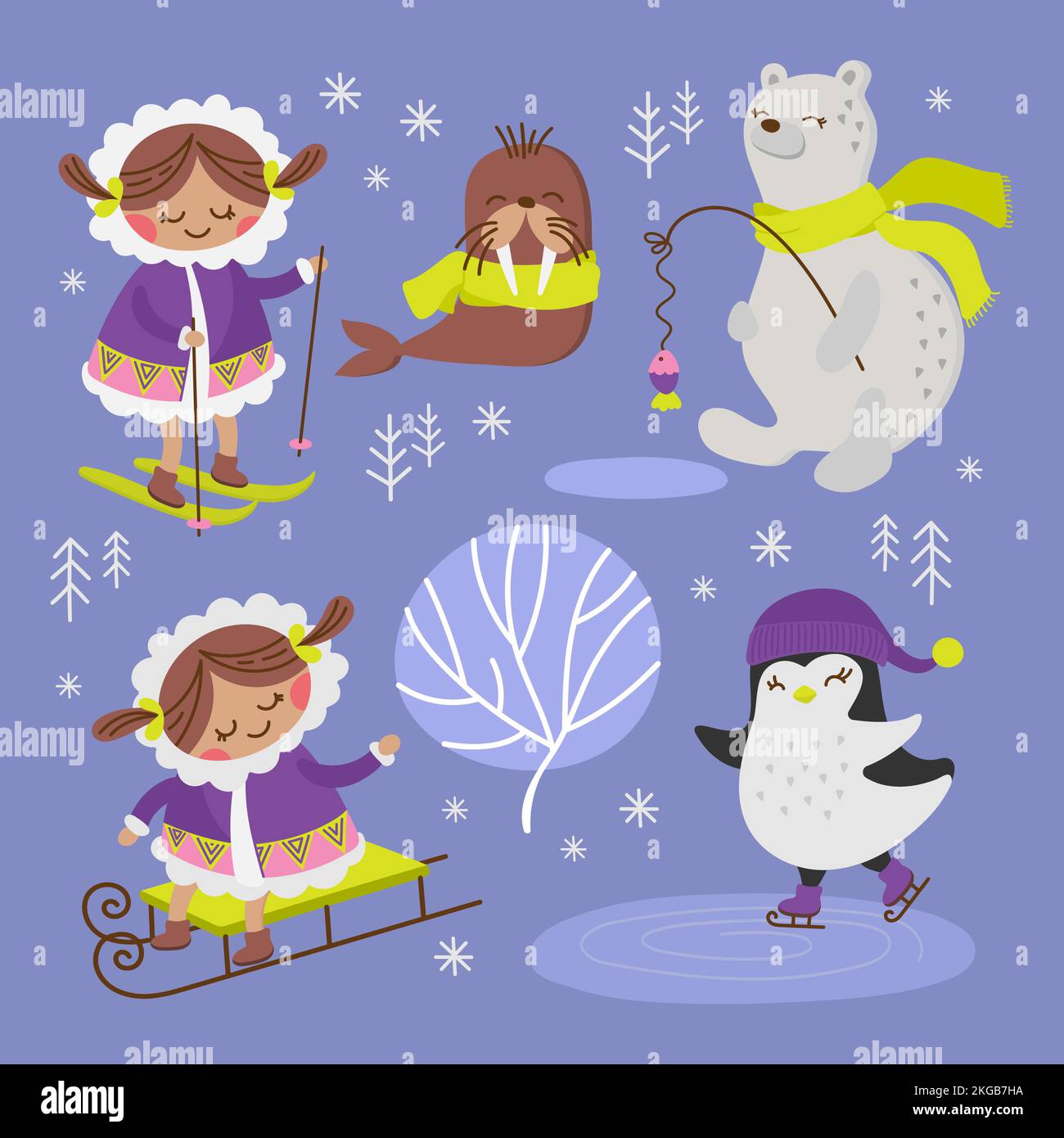 ESKIMO MORSE Alaska Winter Cartoon Comic Funny Animal Flat Design Holiday dessin main Vector Illustration Set pour l'impression Illustration de Vecteur