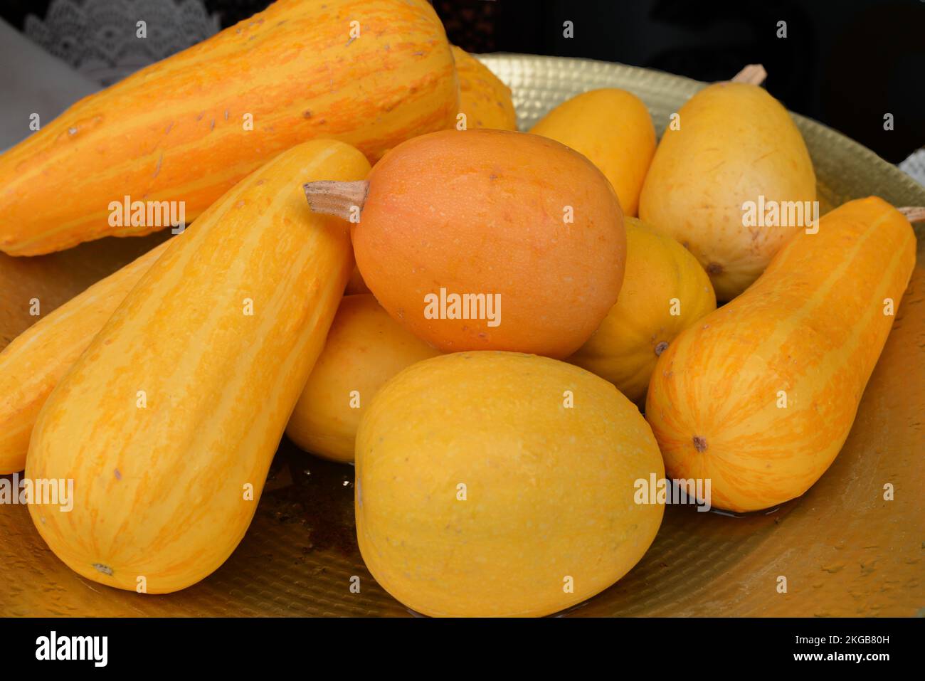 Un plateau avec des citrouilles assorties de différentes tailles et formes Banque D'Images