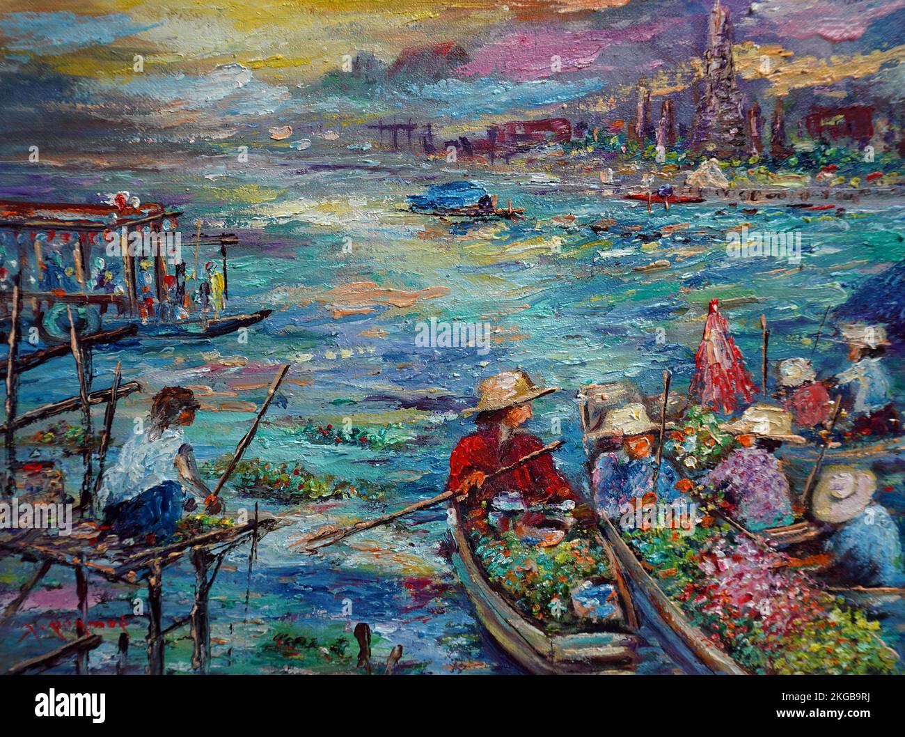 Peinture couleur de l'huile marché flottant Thaïlande , campagne , mode de vie local , paysage Banque D'Images