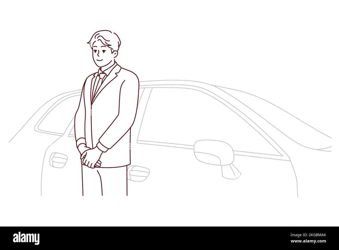 Conducteur de voiture en costume debout près de la voiture attendant le client. Chauffeur en tenue de fabrication travaillant dans une entreprise automobile de luxe. Service de bonne qualité. Illustration vectorielle. Illustration de Vecteur