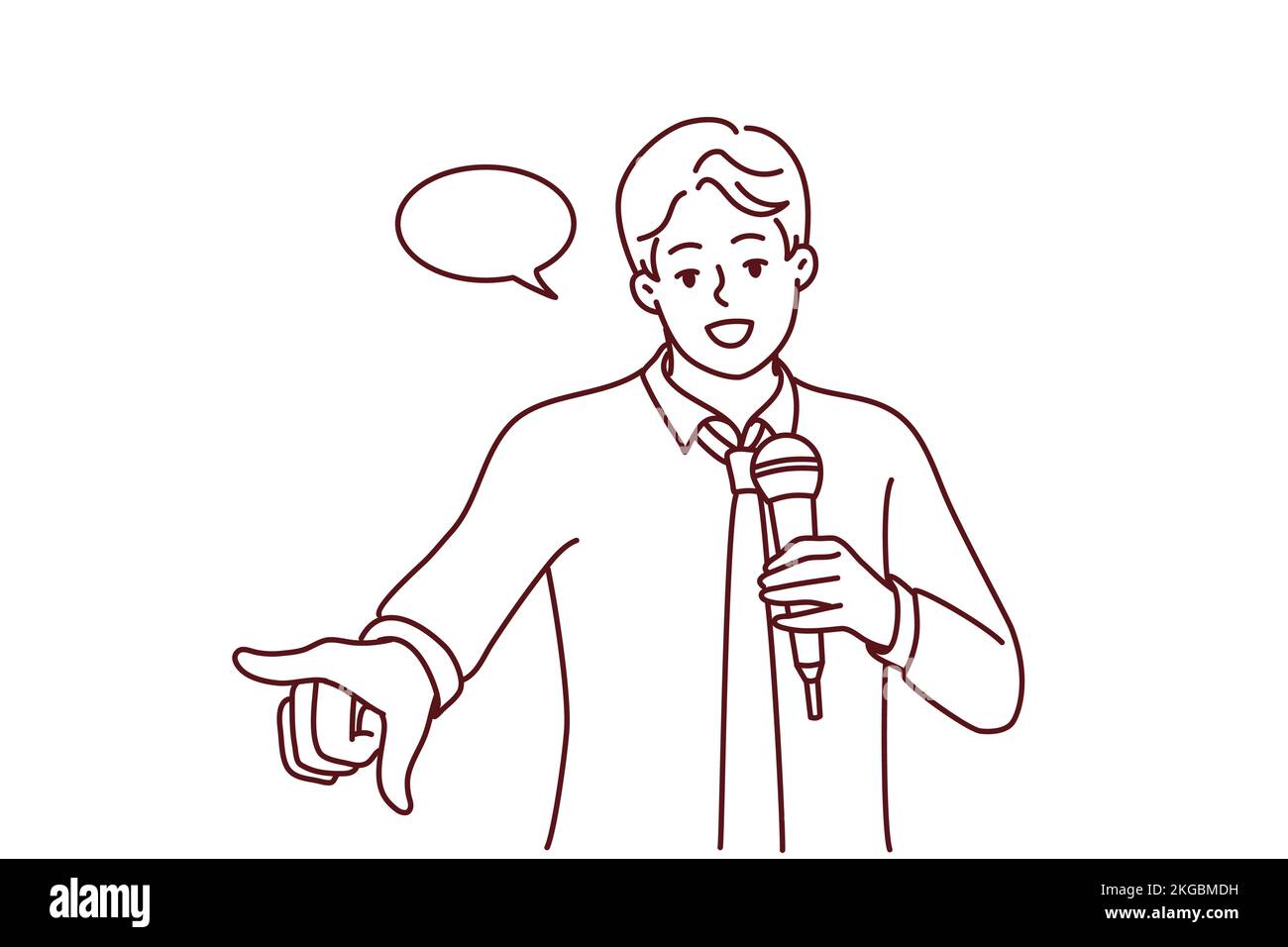 Jeune homme confiant avec microphone faire la parole devant le public. Haut-parleur ou coach masculin souriant avec micro ou faire une présentation. Illustration vectorielle. Illustration de Vecteur