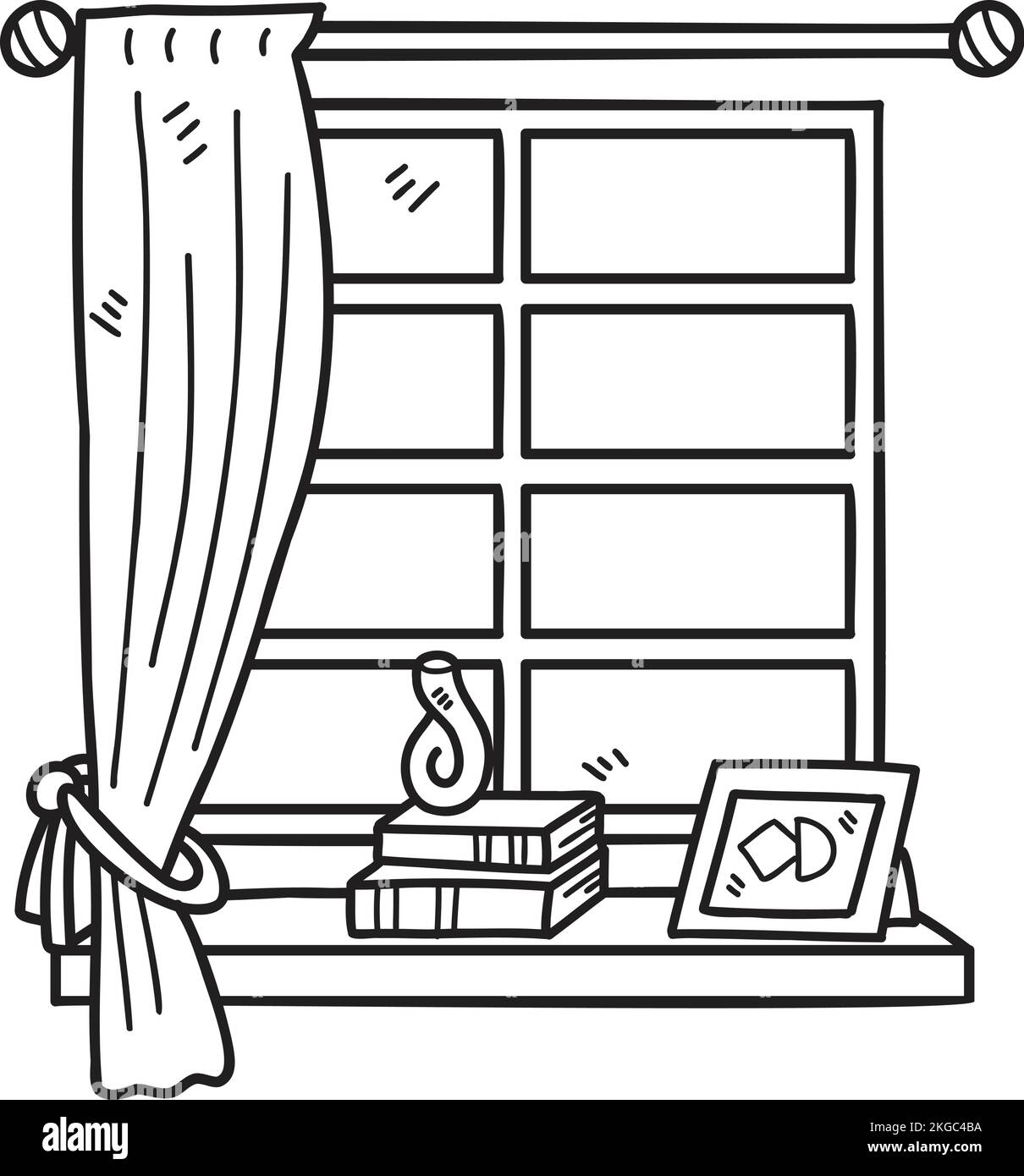 Fenêtre dessinée à la main avec rideaux et illustration de cadres isolés sur l'arrière-plan Illustration de Vecteur