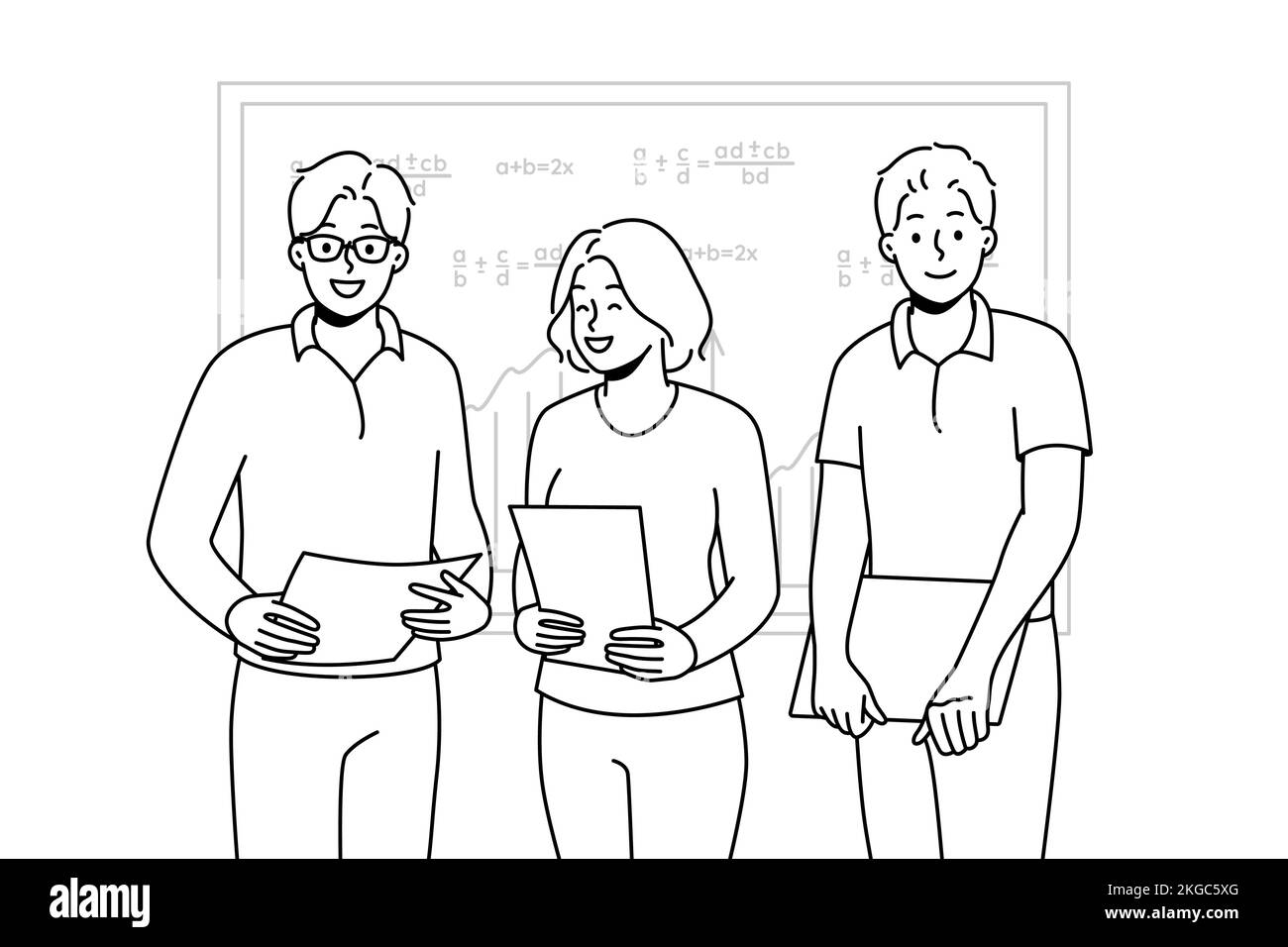 Souriant aux élèves avec des documents à proximité du tableau en salle de classe. Des élèves heureux avec des papiers font la présentation à l'école. Illustration vectorielle. Illustration de Vecteur