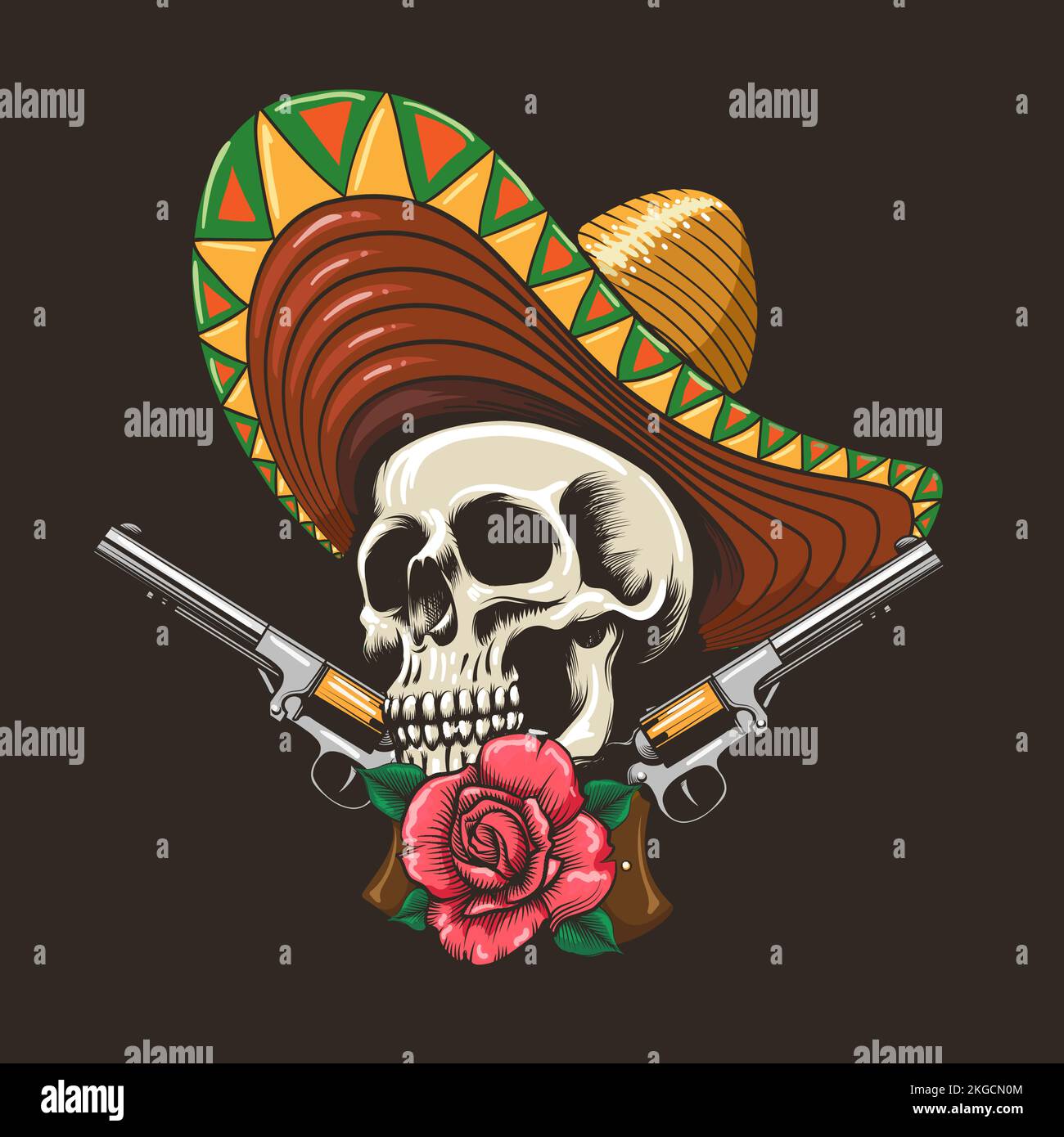 Crâne humain en sombero avec deux pistolets et fleur de rose. Illustration vectorielle Illustration de Vecteur