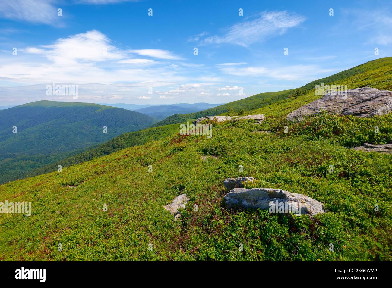 paysage alpin des montagnes carpathes. pierres sur les collines herbeuses. temps ensoleillé avec nuages au-dessus de la crête lointaine Banque D'Images