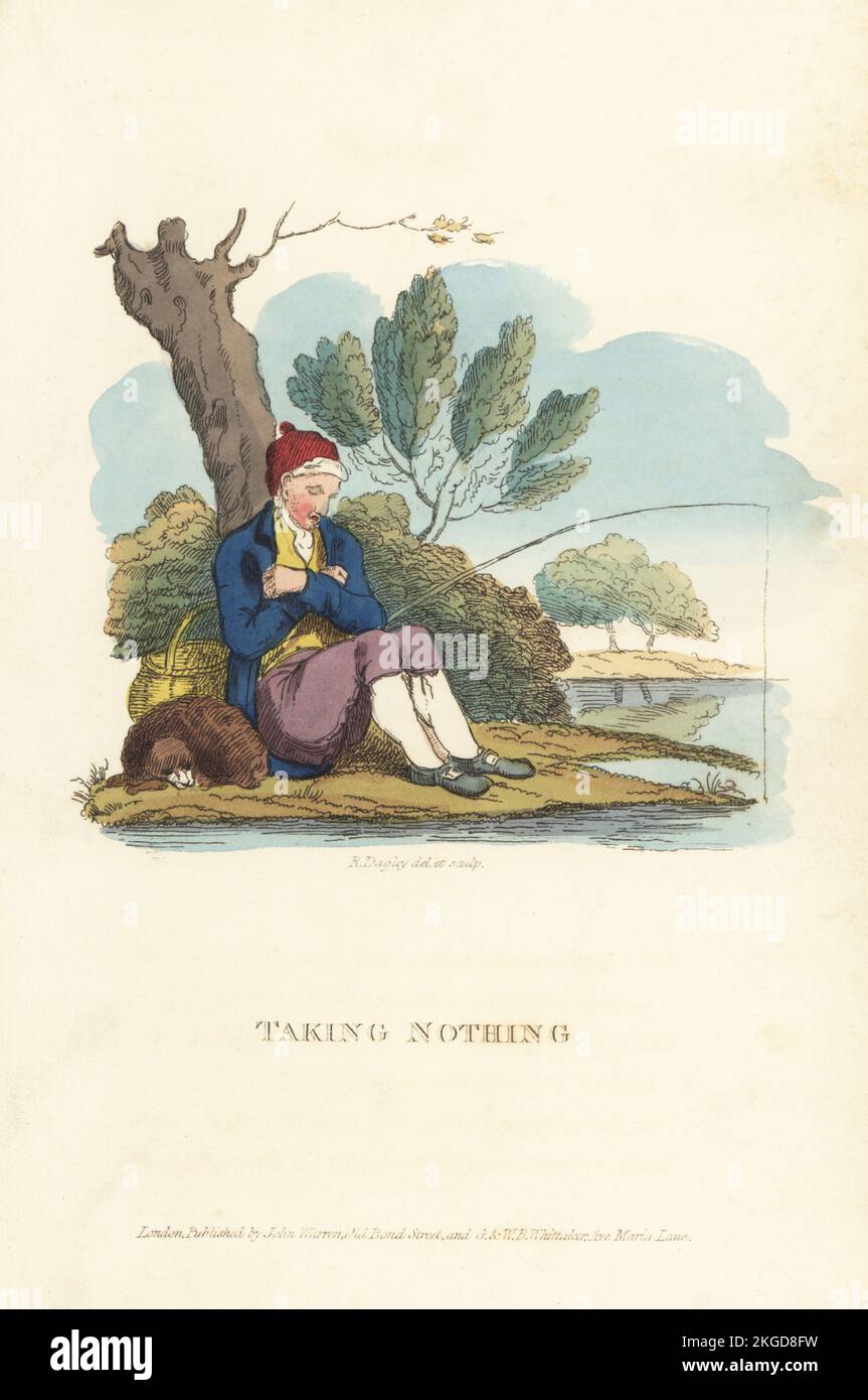 Anglais gentleman pêche sur une rive de la rivière, époque Regency. Cockney Angler et son chien dormant à côté d'une canne à pêche. Ne rien prendre. Gravure de coperplate de couleur main dessinée et gravée par Richard Dagley à partir de recettes, ou The Life of A Collegian, John Warren, Londres, 1821. Banque D'Images