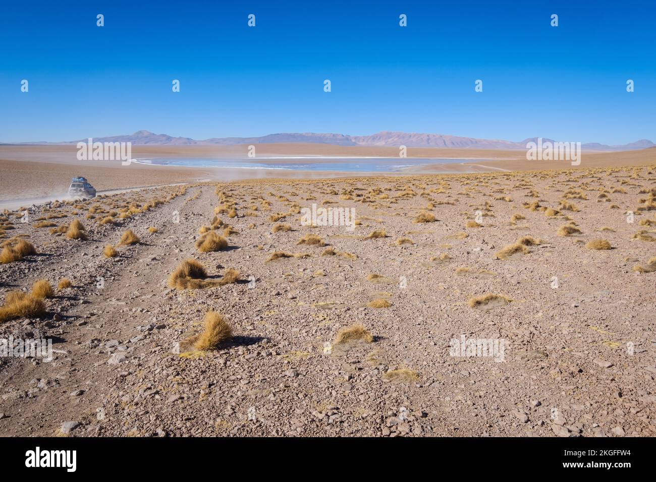 Véhicule tout-terrain arrivant à Laguna Hedionda sur l'Altiplano (hautes plaines), province de sur Lípez, Bolivie Banque D'Images