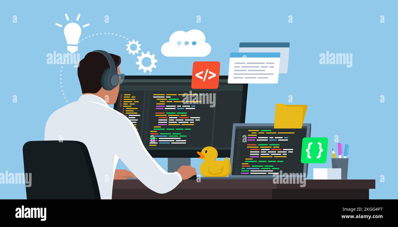Développeur professionnel et ingénieur logiciel assis au bureau et travaillant, il vérifie le code et le débogage Illustration de Vecteur