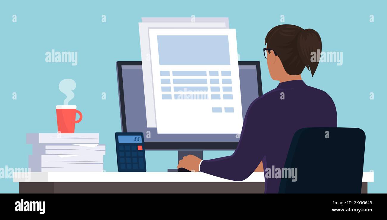 Femme d'affaires assise à un bureau, vérifiant la paperasse et les documents électroniques en ligne Illustration de Vecteur