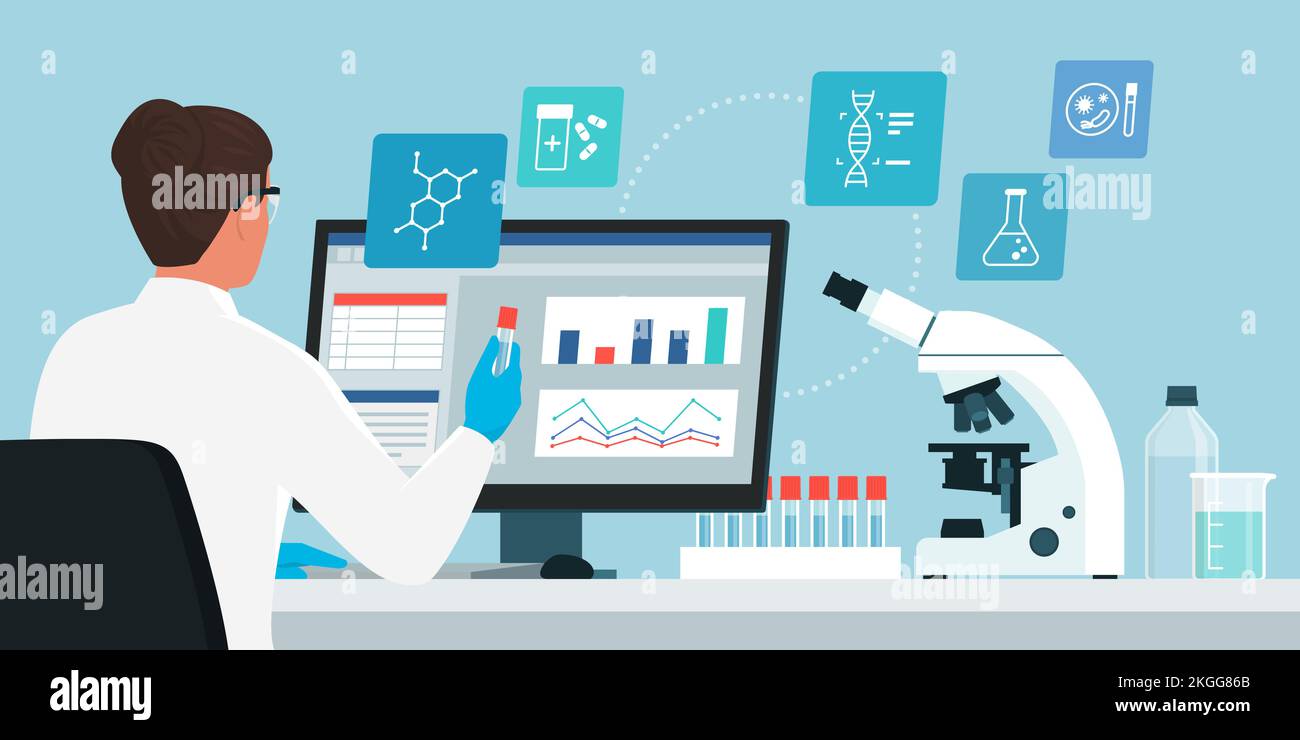 Scientifique professionnelle femme travaillant dans le laboratoire médical, elle vérifie les résultats des tests sur l'ordinateur et tient un flacon, un microscope et medica Illustration de Vecteur