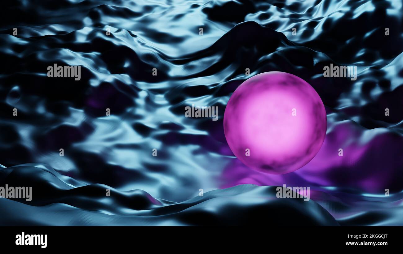 Sphère lumineuse d'émission rose sur une surface sombre surréaliste. Illustration abstraite réaliste 3D. Fond de composition créative. Banque D'Images
