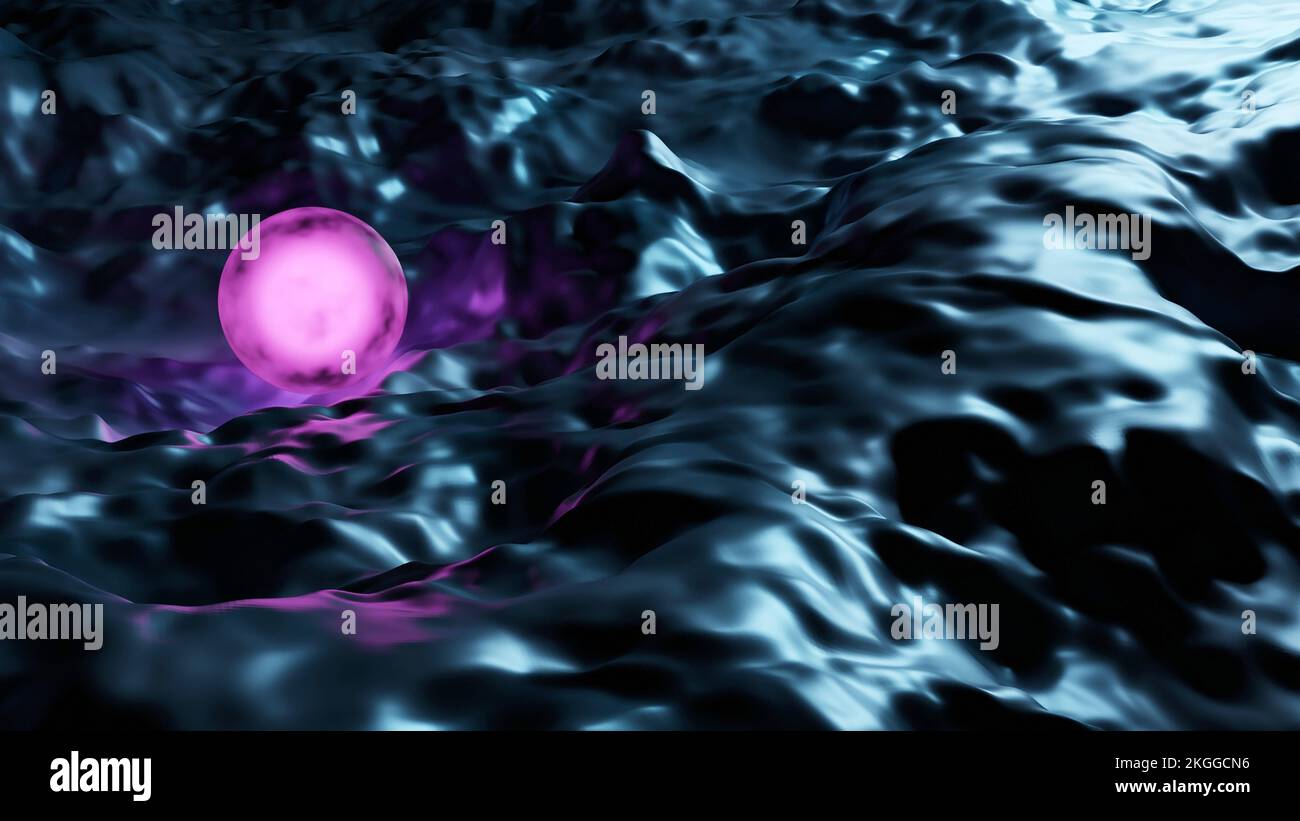 Sphère lumineuse d'émission rose sur une surface sombre surréaliste. Illustration abstraite réaliste 3D. Fond de composition créative. Banque D'Images