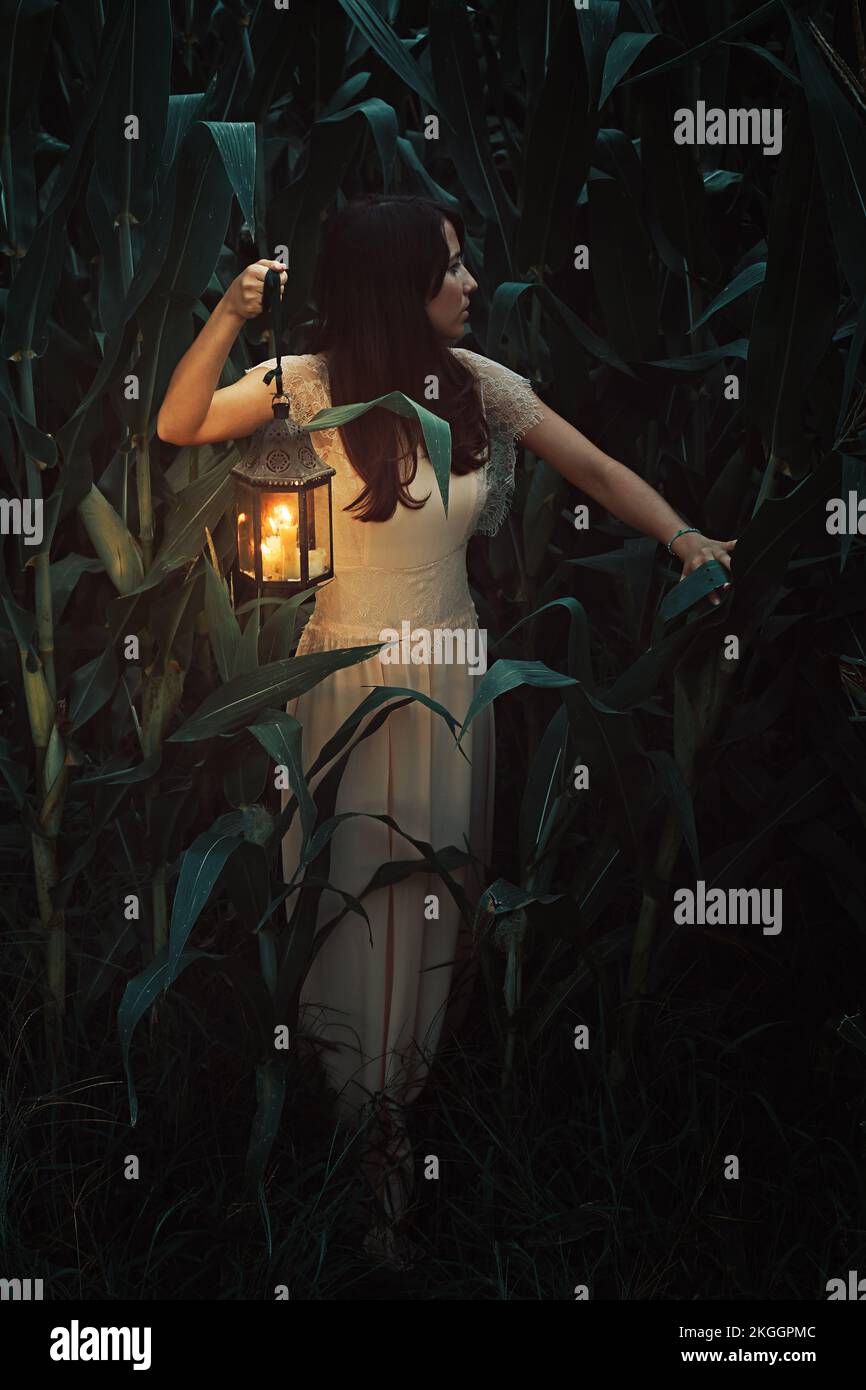 Femme seule dans le champ de maïs. Peur conceptuelle Banque D'Images