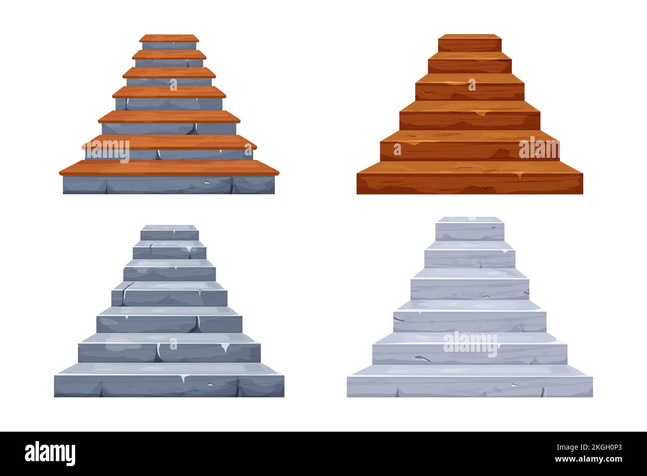 Escalier et escalier en pierre avec décor en bois, architecture ancienne médiévale de style caricature isolée sur fond blanc avec fissures, éléments cassés. Ressource de jeu, élément de conception. Illustration vectorielle Illustration de Vecteur