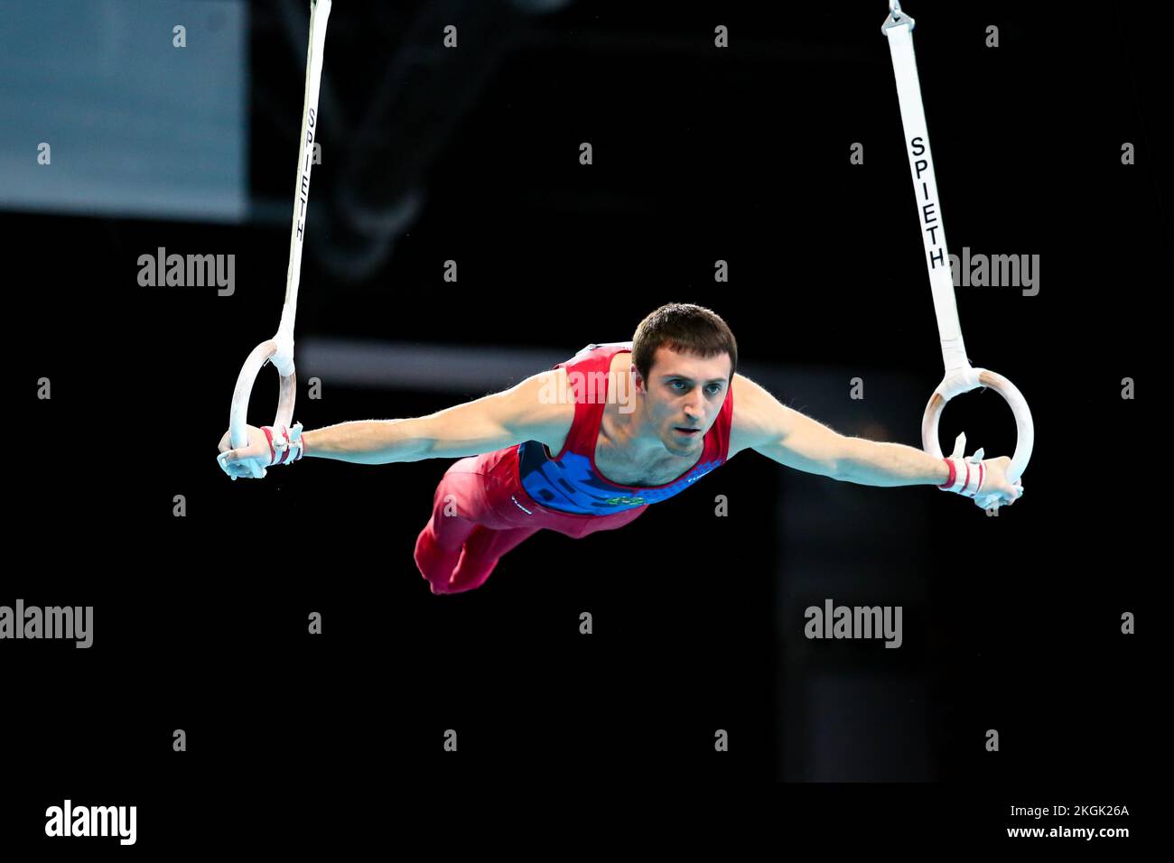 Szczecin, Pologne, 10 avril 2019 : Artur Davtyan, d'Arménie, participe aux compétitions sur les anneaux lors des championnats européens de gymnastique artistique Banque D'Images