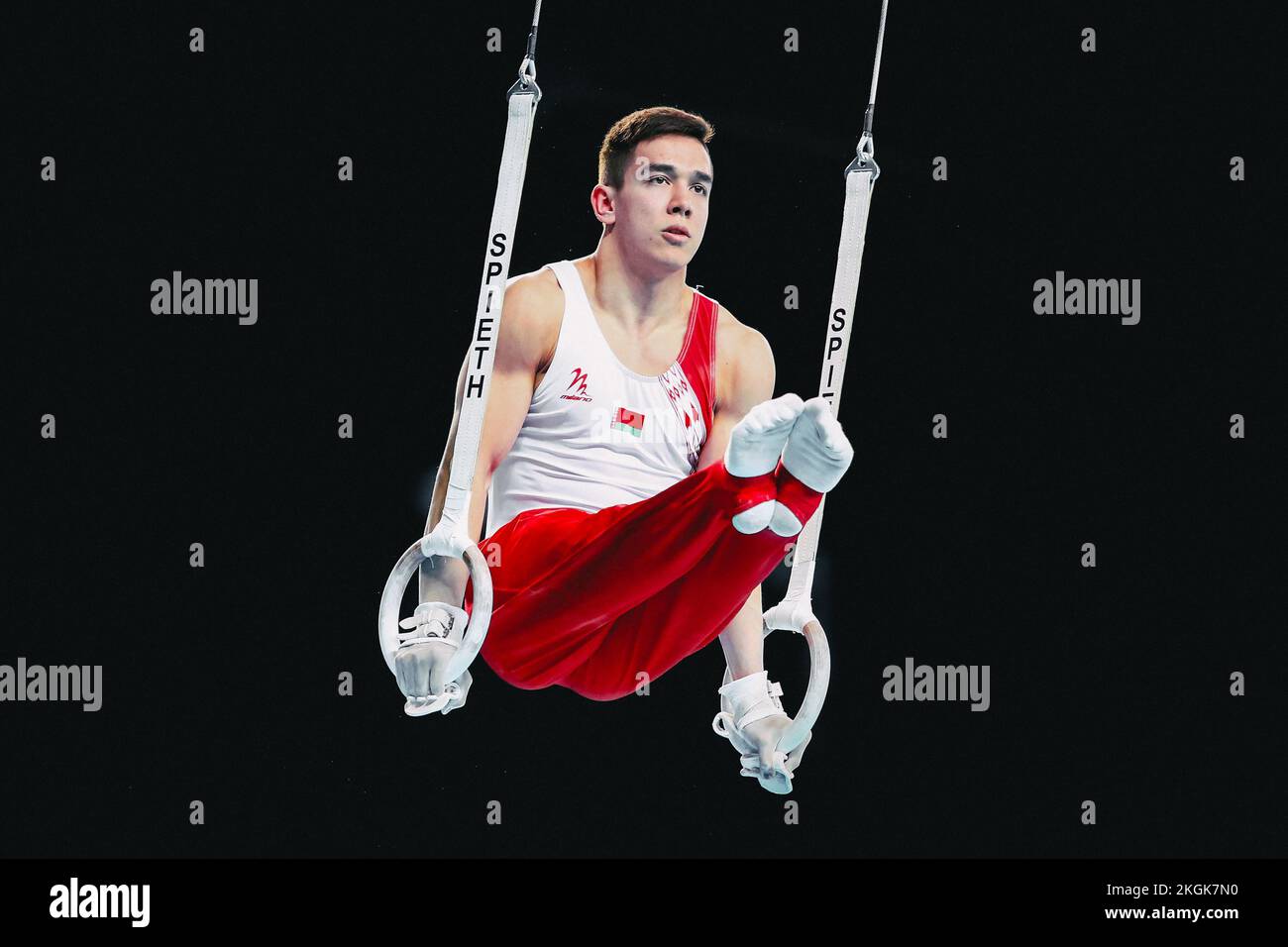 Szczecin, Pologne, 10 avril 2019: Sanuvonh Dzianis, athlète olympique bélarussien, est en compétition sur les anneaux lors des championnats de gymnastique artistique Banque D'Images