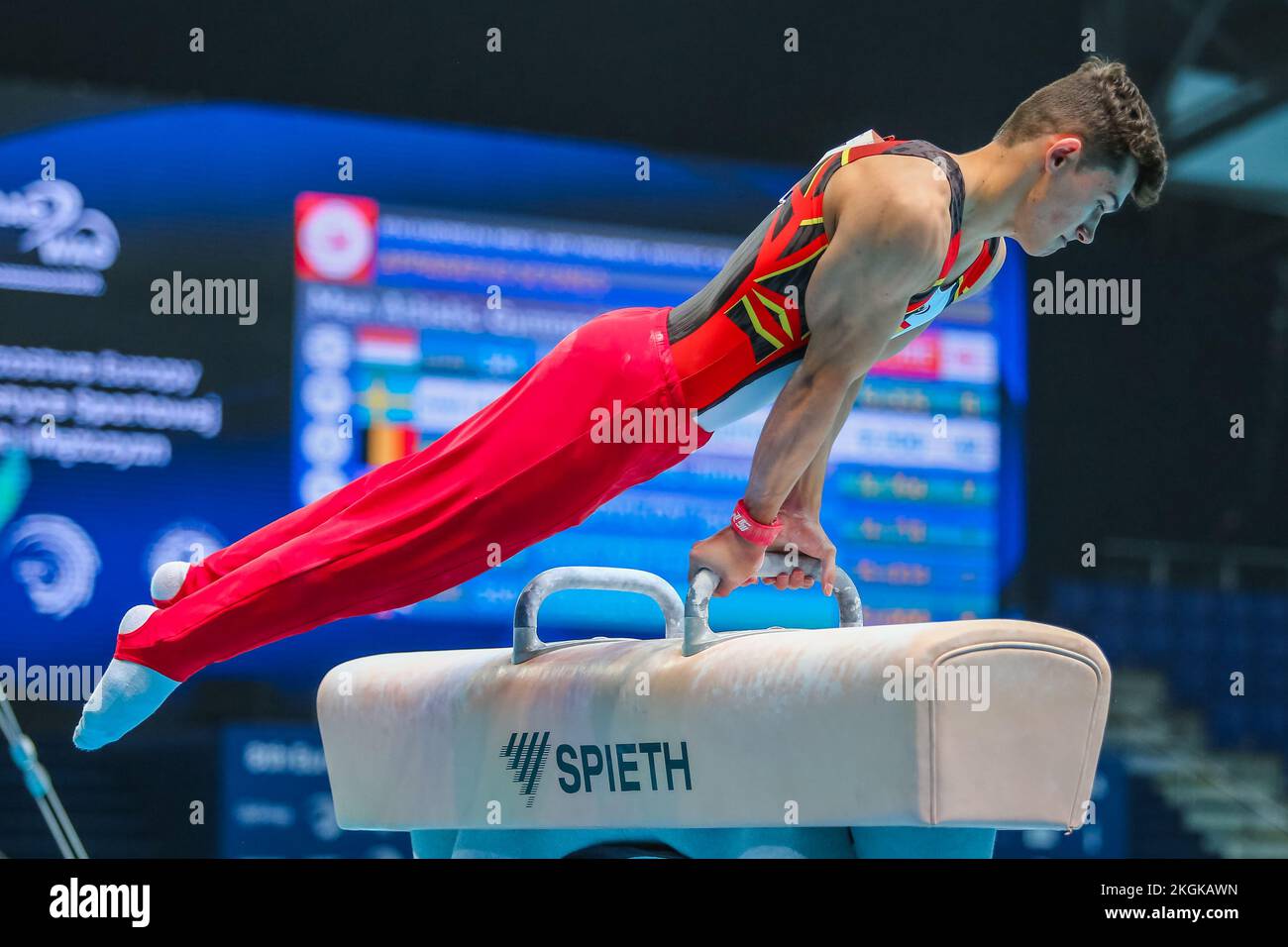 Szczecin, Pologne, 10 avril 2019: L'athlète espagnol Mir Nicolau participe au cheval de Pommel lors des championnats européens de gymnastique artistique Banque D'Images