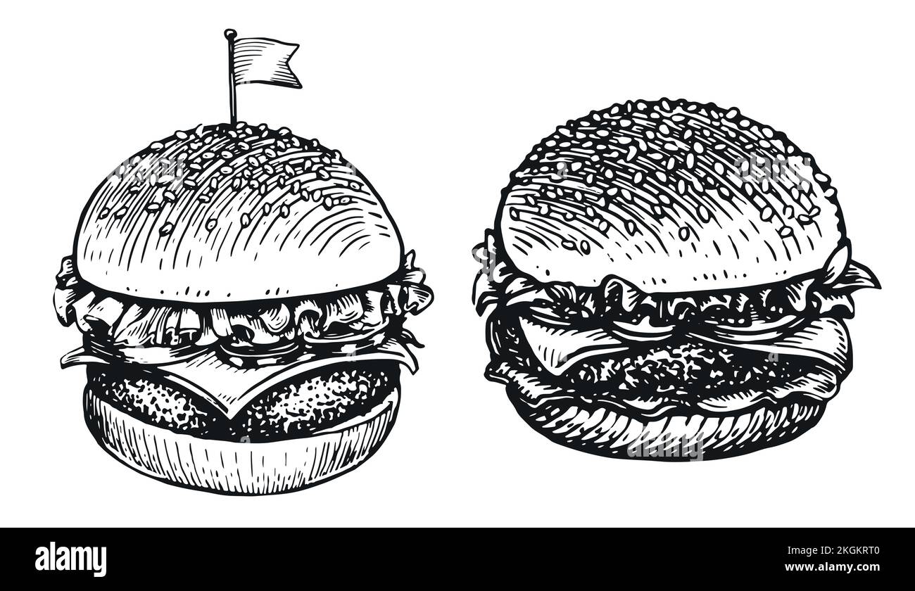 Délicieux gros hamburger et hamburger juteux. Un sandwich savoureux, un croquis de restauration rapide. Illustration vectorielle vintage dessinée à la main Illustration de Vecteur
