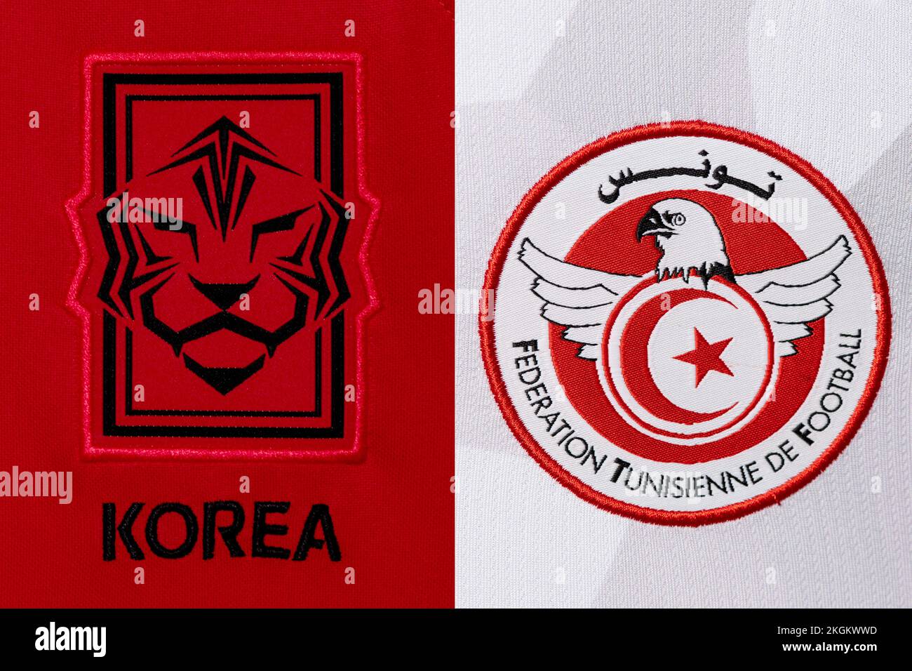 Gros plan de l'écusson de l'équipe nationale de football sur l'ensemble domicile. Coupe du monde de la FIFA, Qatar 2022. Banque D'Images