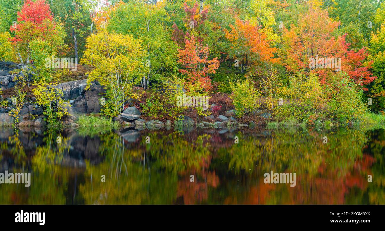 Réflexions automnales au lac Mud, Grand Sudbury, Ontario, Canada Banque D'Images